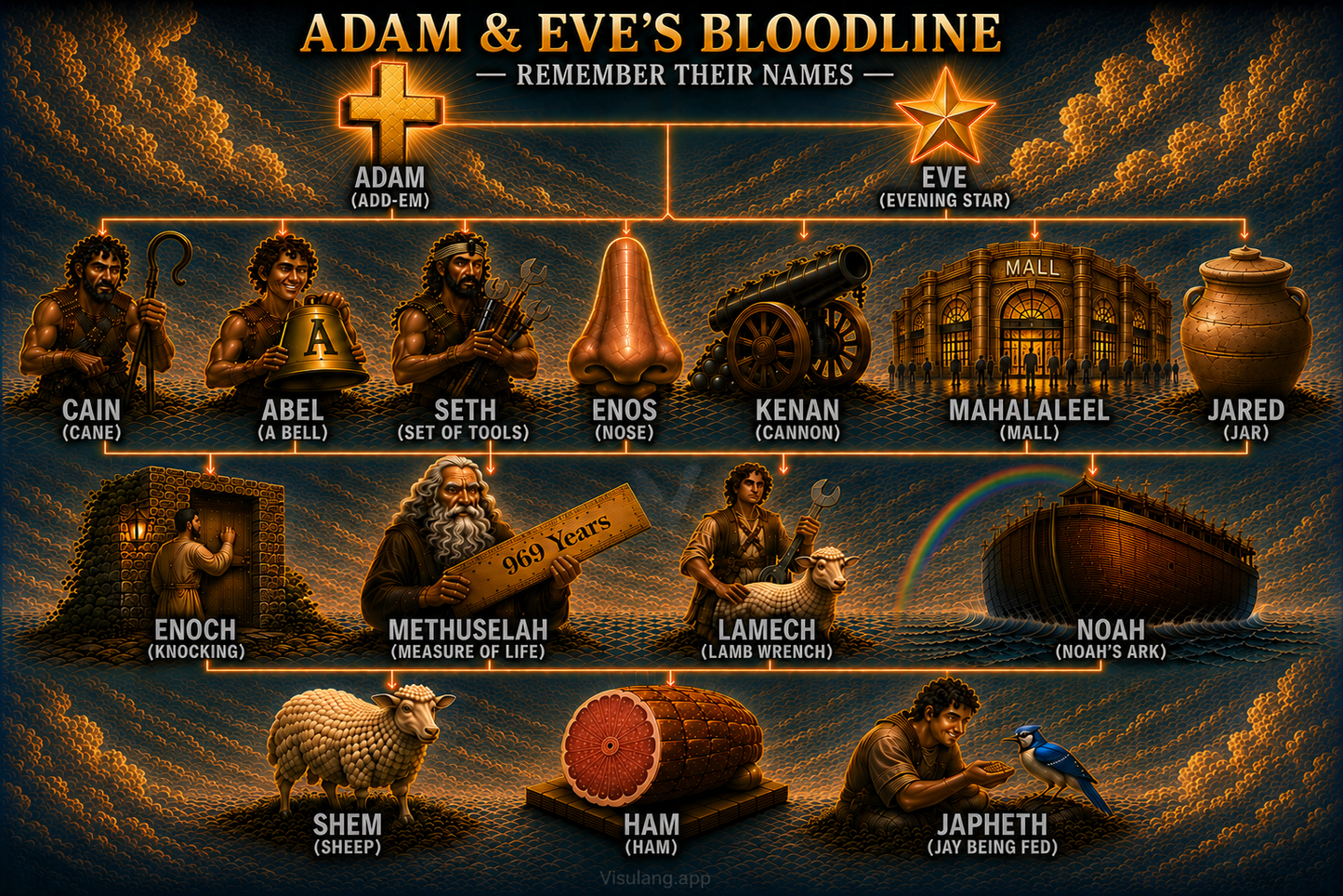 Adam and Eve's Bloodline Visual Mnemonic Chart - Biblical Genealogy Memory Aid Poster