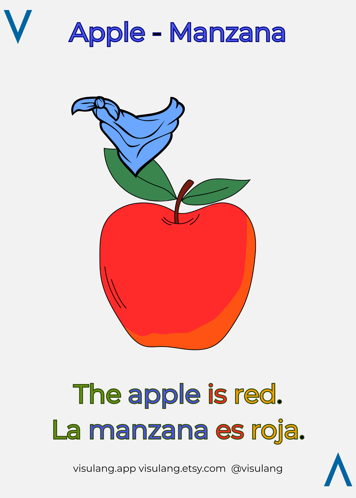 Bilingual flashcard with a red apple and blue bandana. Text: "Apple - Manzana. The apple is red. La manzana es roja.