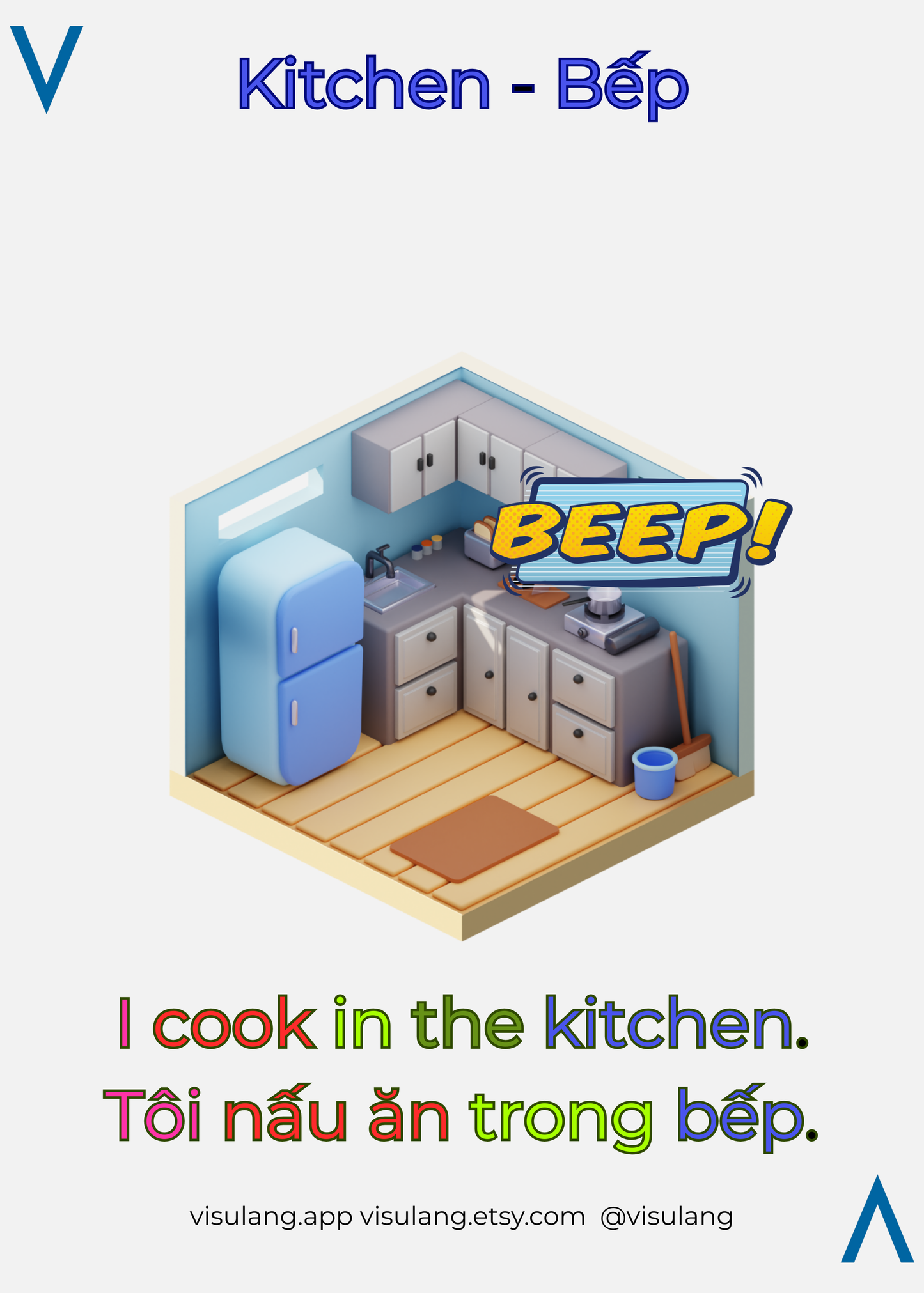 Visual memory trick for the Vietnamese word Bếp (Kitchen) using a "Beep!" sound anchor. Includes the sentence "I cook in the kitchen / Tôi nấu ăn trong bếp."