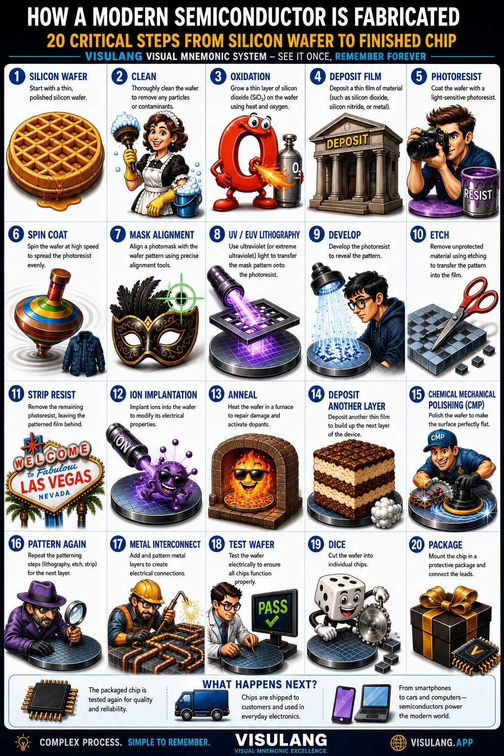 How a Modern Semiconductor Is Fabricated — Visual Mnemonic Poster (20 Steps)