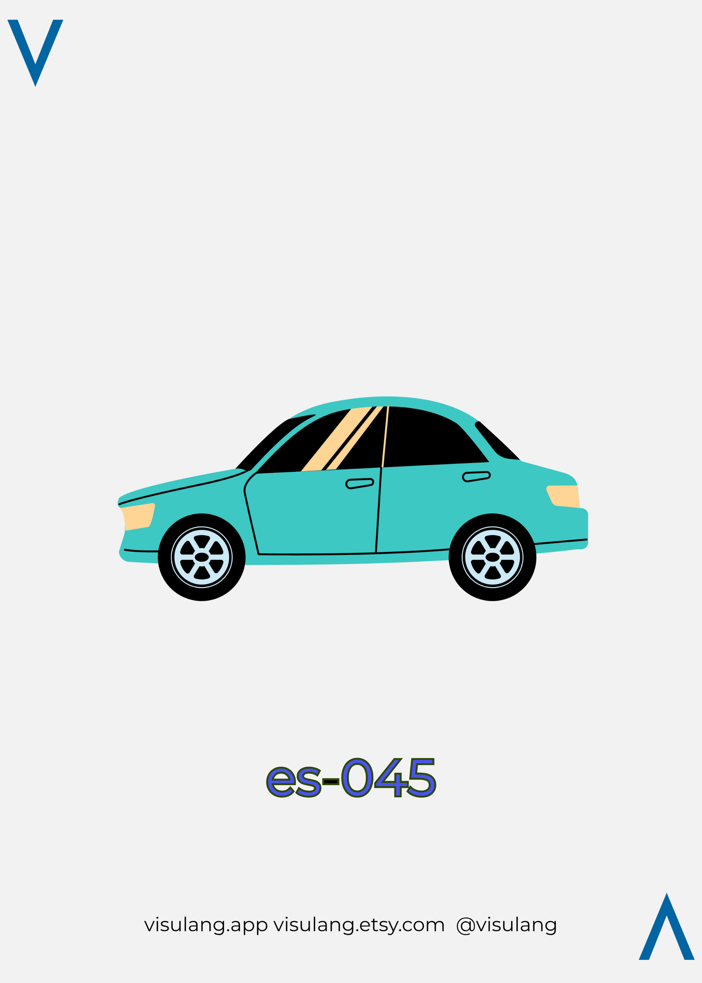 Illustration of a teal car with a yellow stripe on a white background, featuring the text 'es-045' and 'visulang' branding.