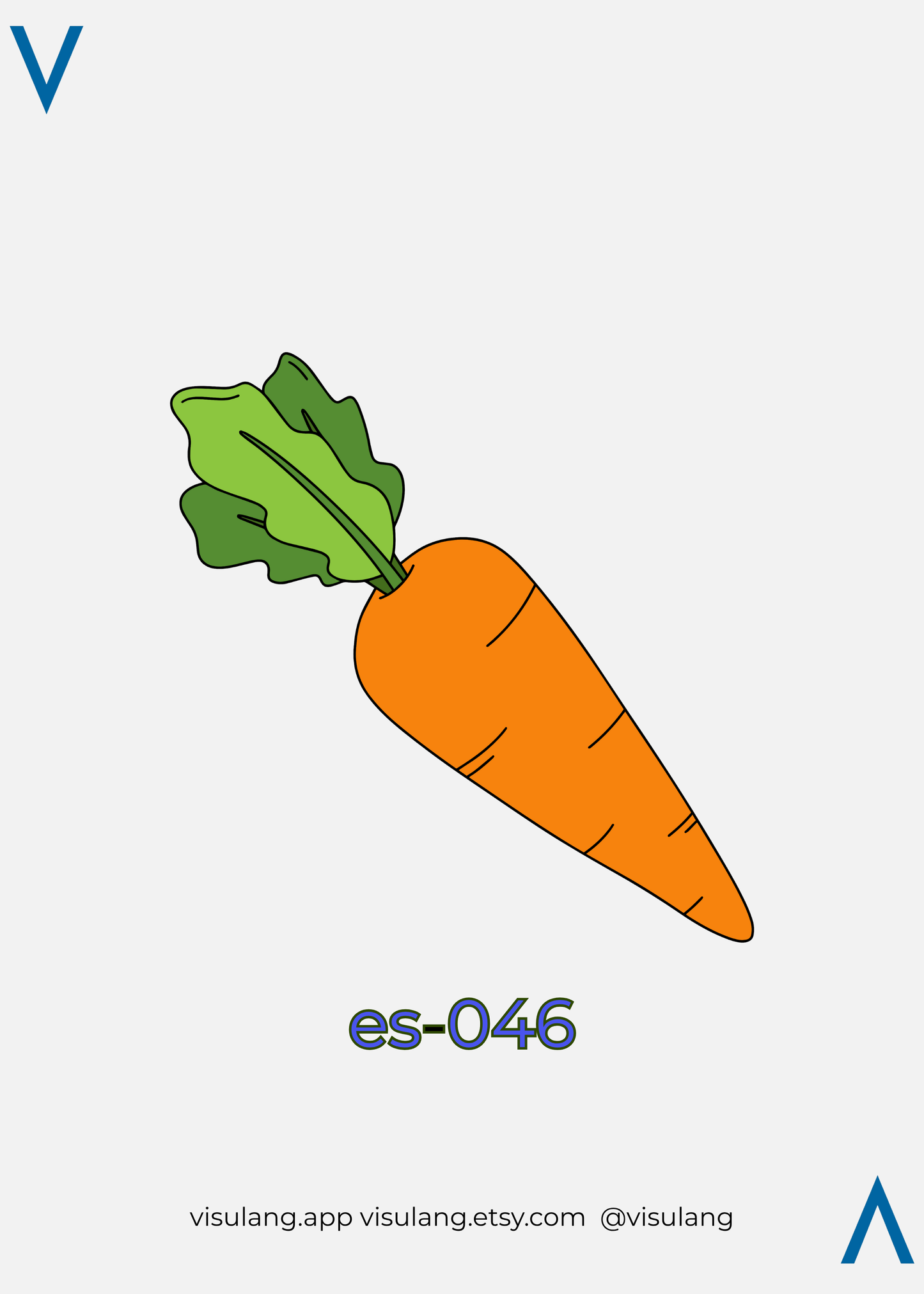 Illustration of a carrot with green leaves on a white background, labeled 'es-046' and featuring the visulang logo.