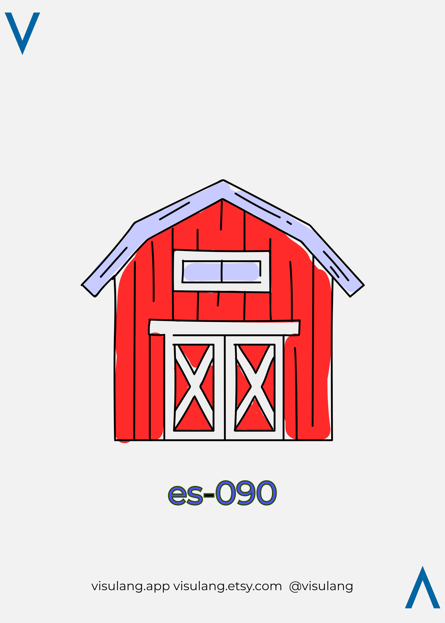 Red barn illustration with white accents on a light gray background, featuring the text 'es-090' and 'visulang' branding.