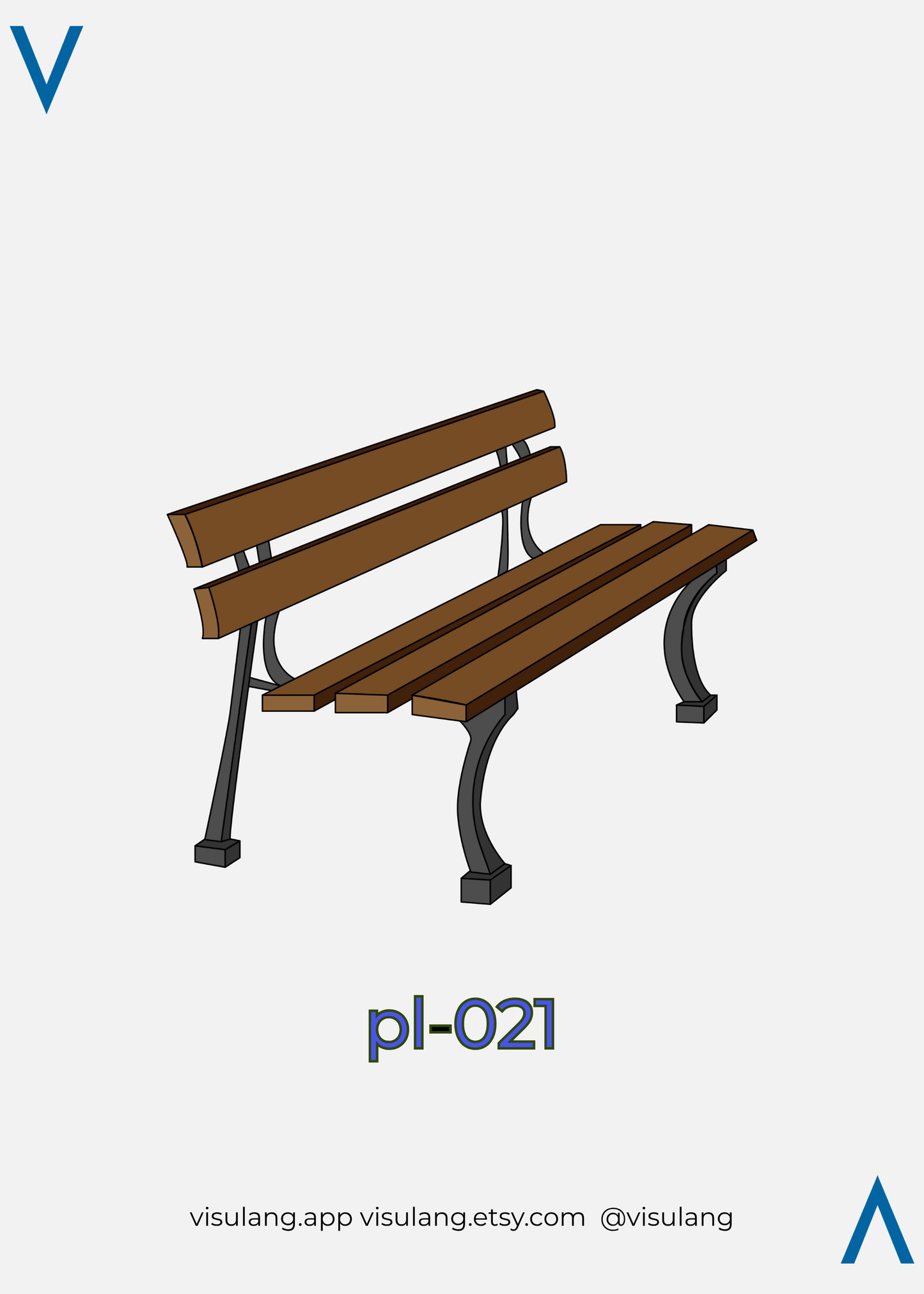 Brown bench with metal legs on a white background, featuring the Visulang logo.