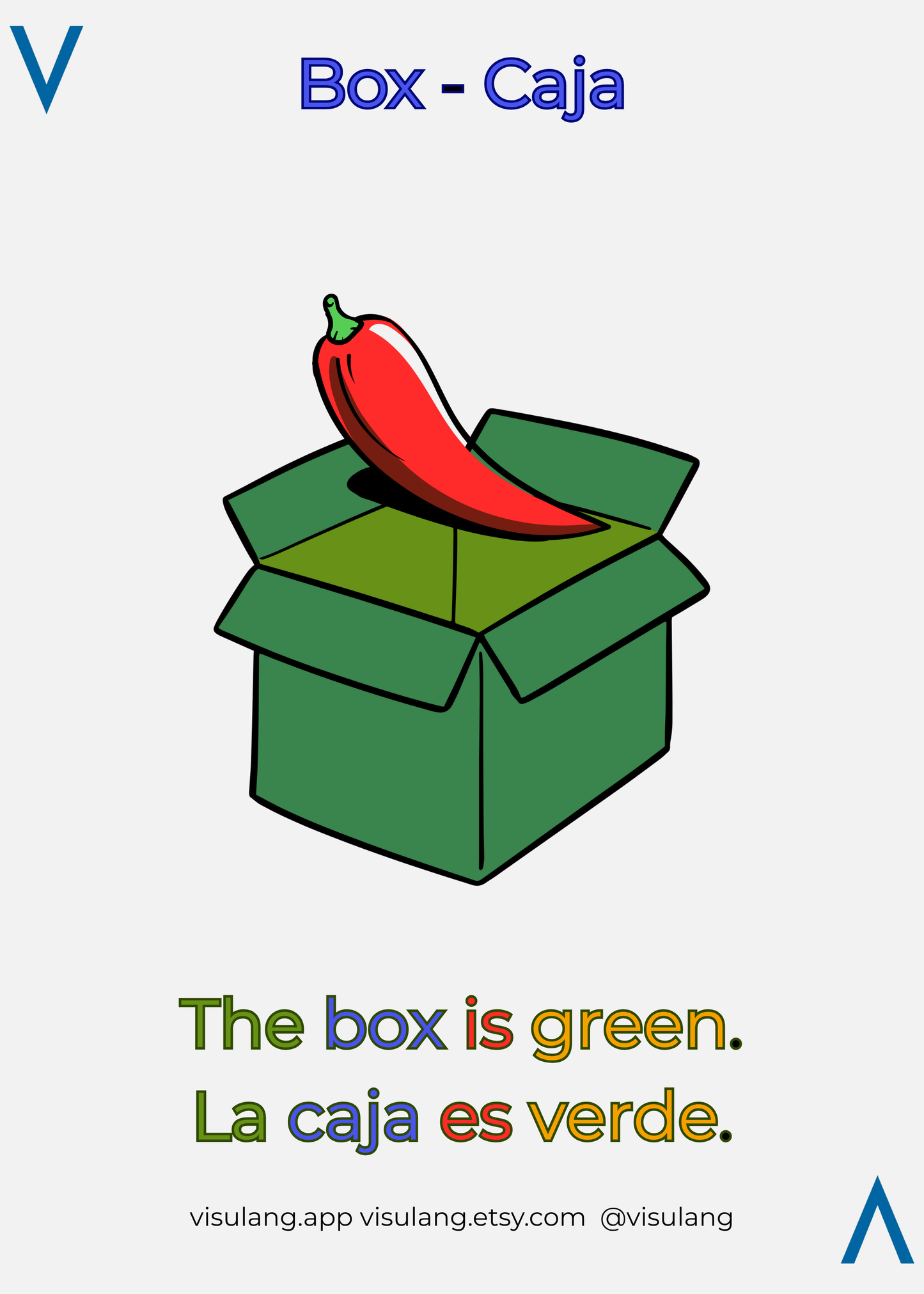 Green box with a red chili pepper on a white background, educational material for letter 'V' and word 'box'.