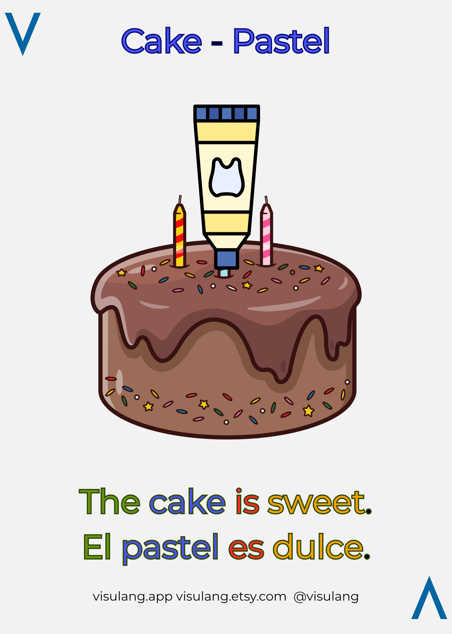 Illustration of a cake with a frosting tube and candles, labeled 'Cake - Pastel' with text in English and Spanish.