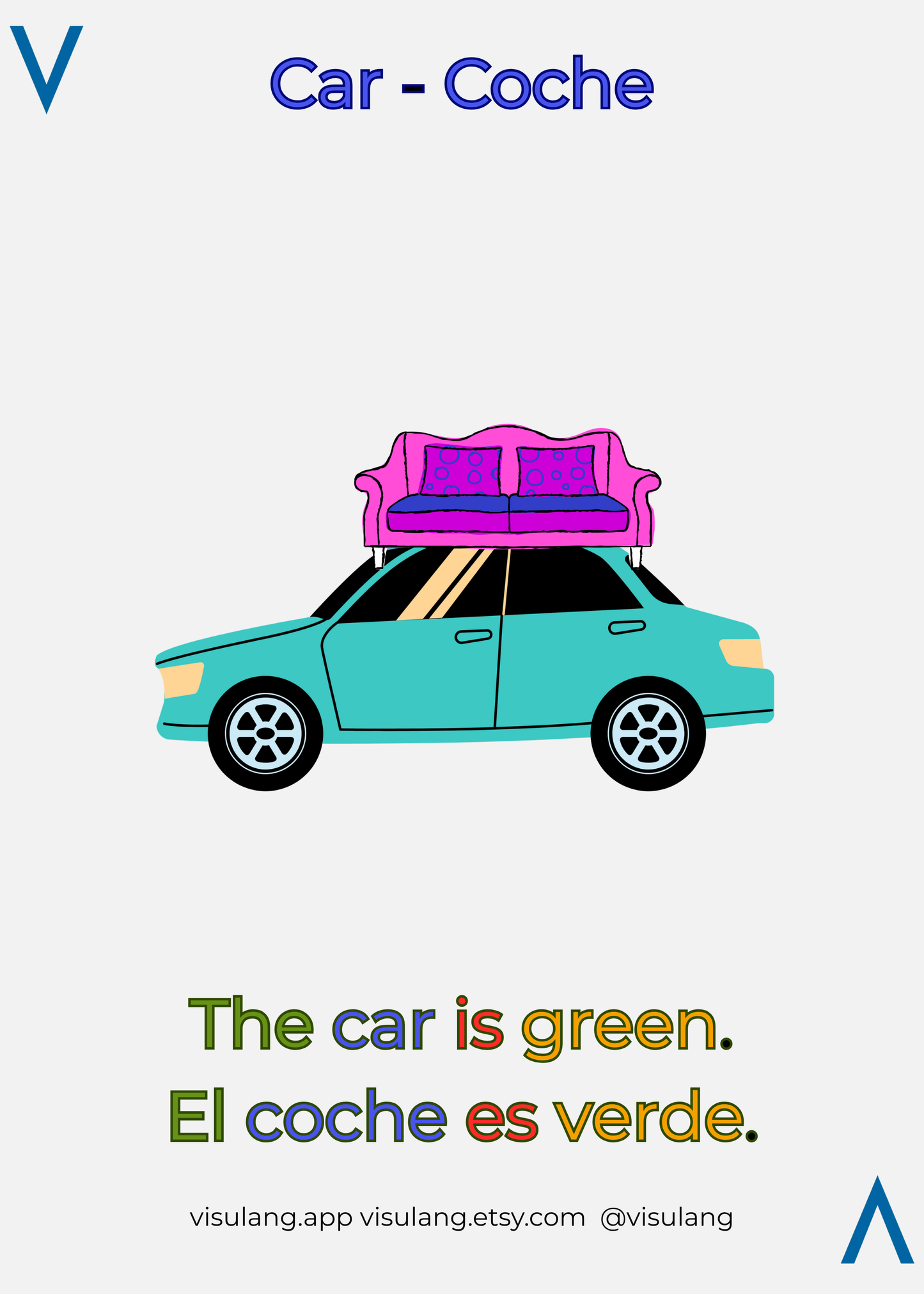 Illustration of a green car with a pink couch on top, featuring text in English and Spanish.