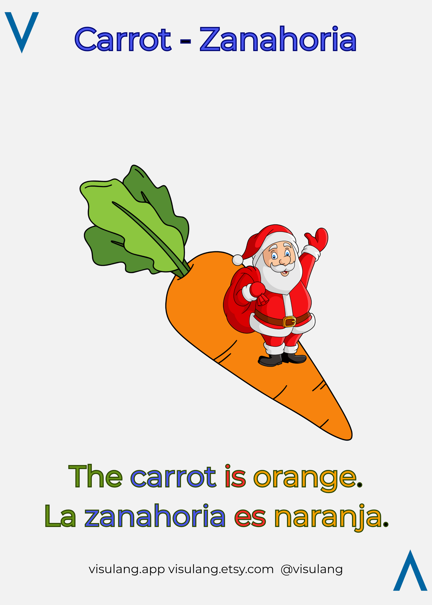 Cartoon Santa Claus on a carrot with text in English and Spanish.