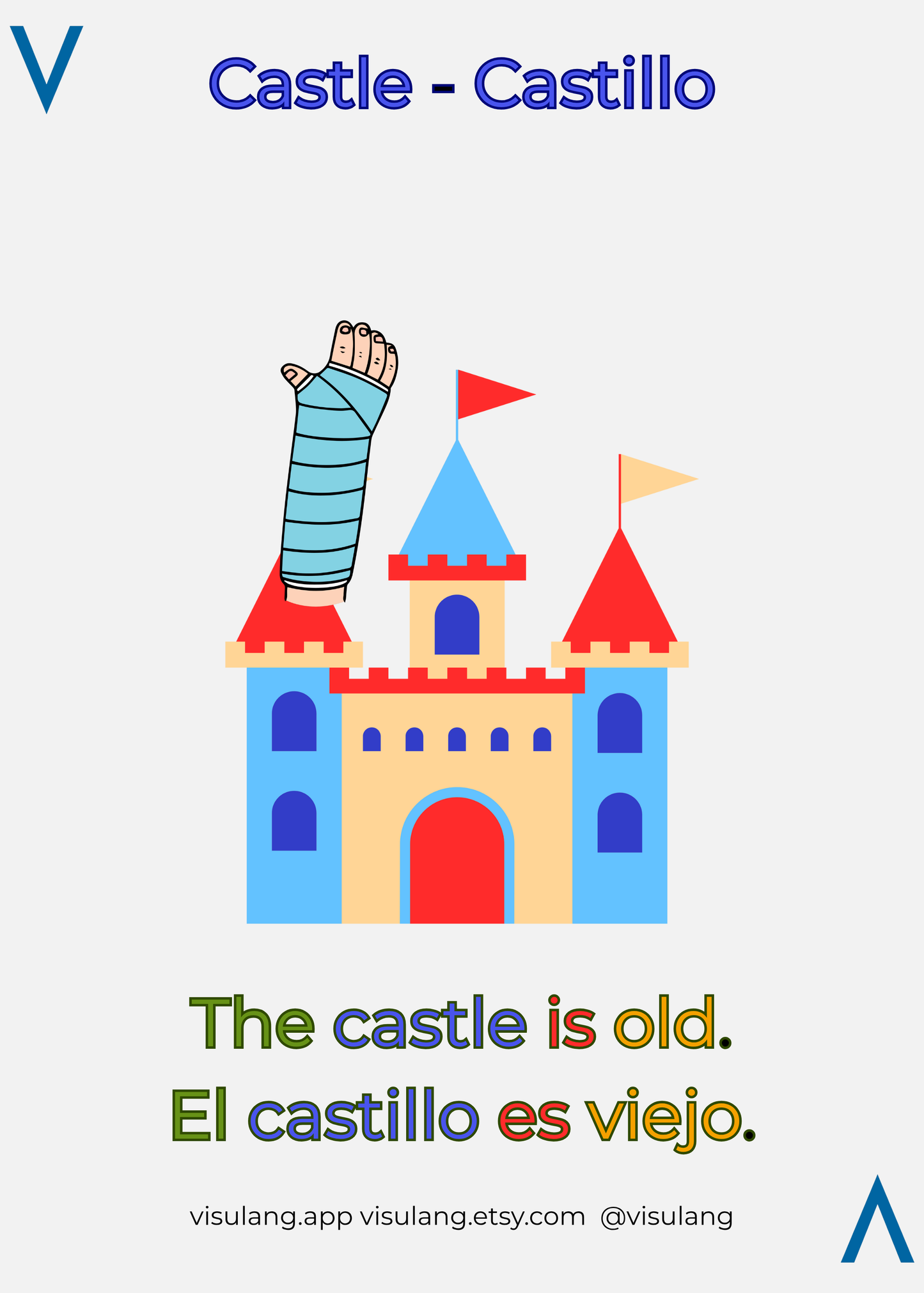 Colorful sandcastle with a cast on arm reaching up, featuring text in English and Spanish.
