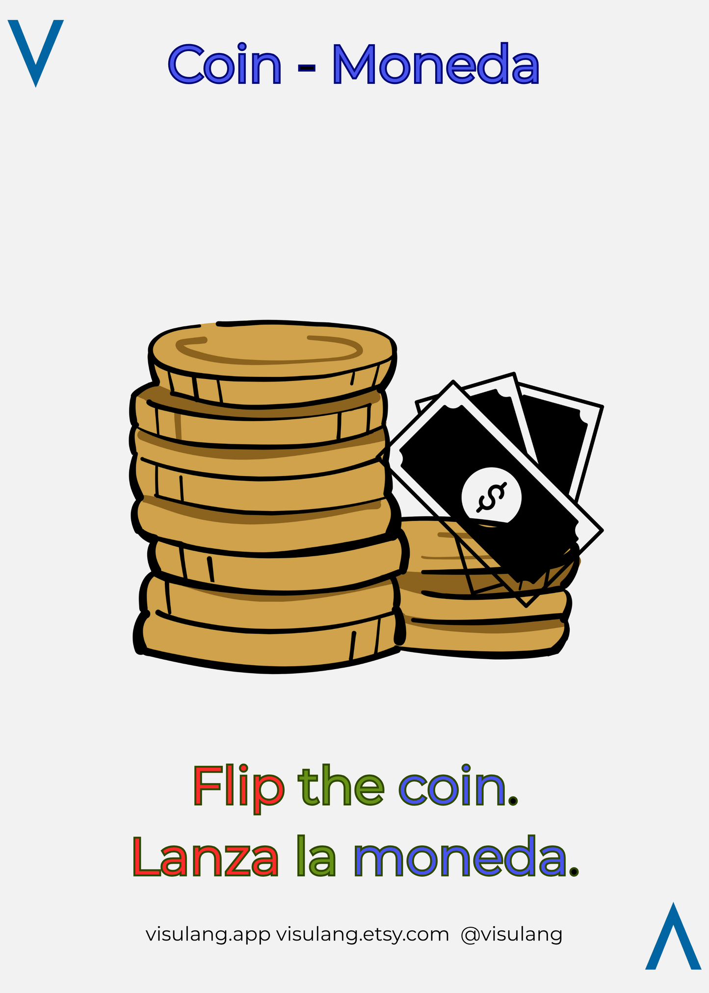Illustration of coins with text 'Flip the coin. Lanza la moneda.' and branding elements.