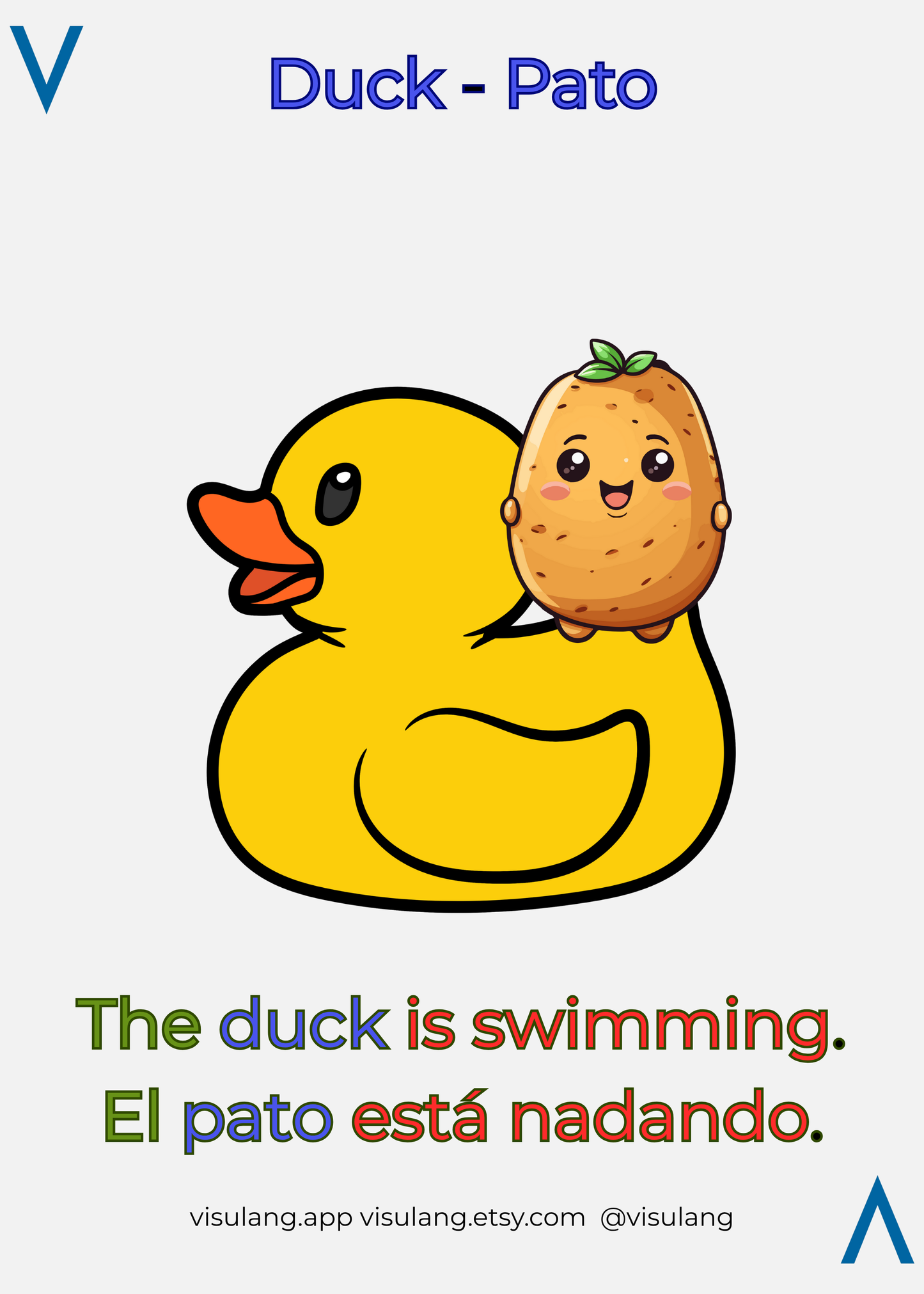Cartoon duck holding a potato with text in English and Spanish on a white background