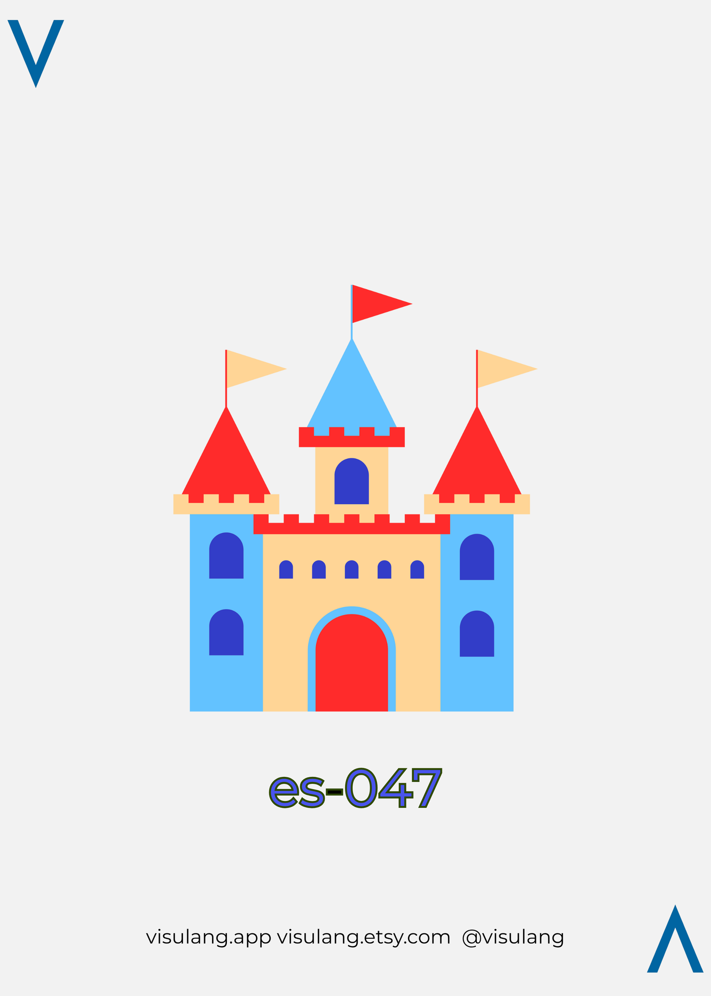 Colorful castle icon with red flags on a light gray background, featuring the text 'es-047' and 'visulang' branding.