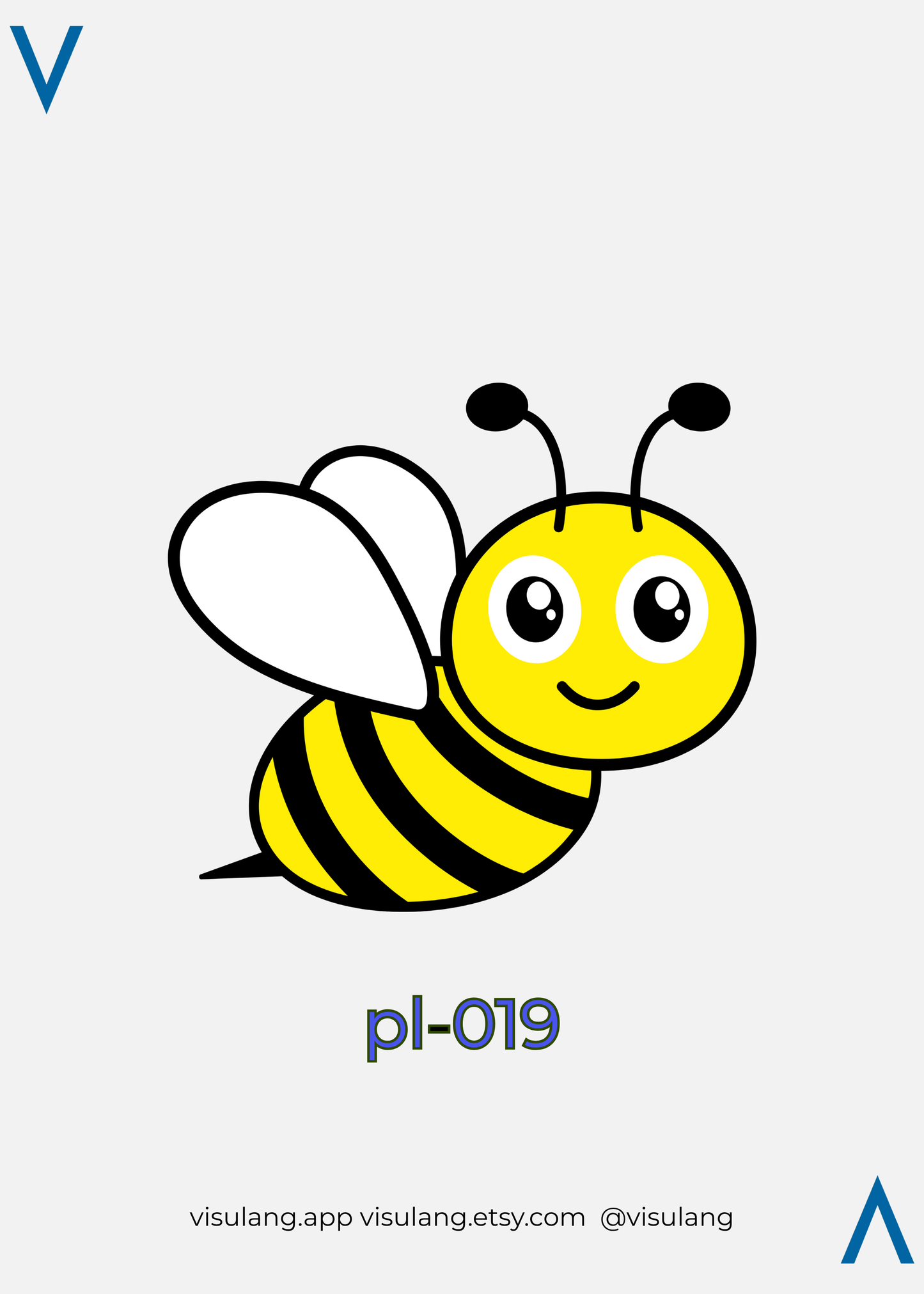 Cartoon bee illustration with 'pl-019' label on a light gray background