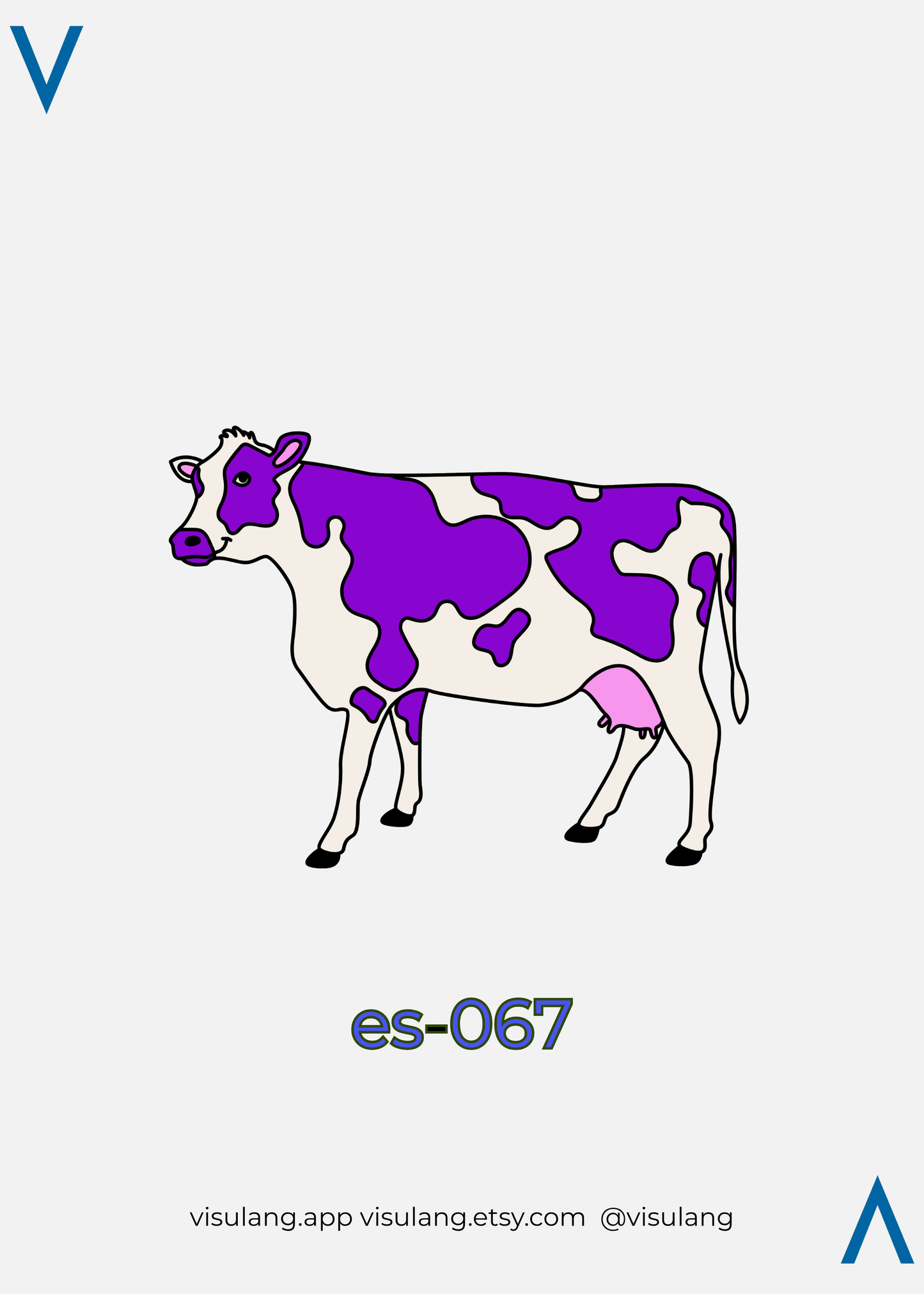 Cartoon cow with purple spots on a white background, featuring the text 'es-067' and 'visulang.app visulang.