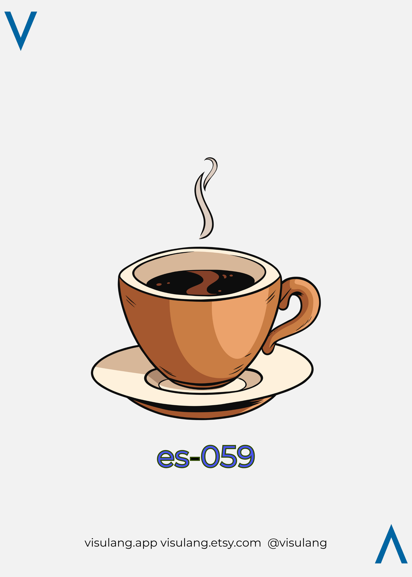 Illustration of a steaming coffee cup on a saucer with 'es-059' text and branding.