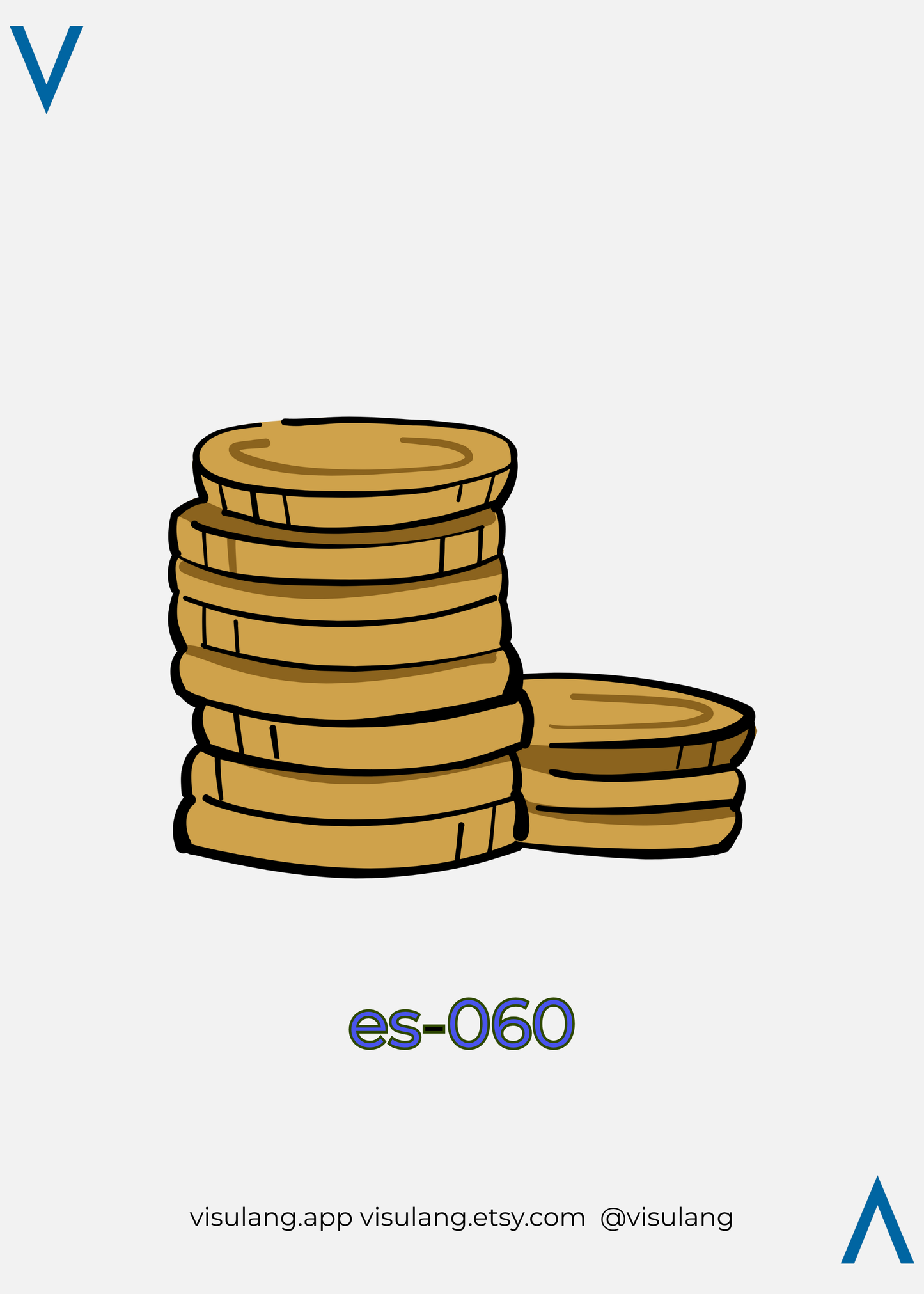 Stack of gold coins on a light gray background with 'es-060' text and 'visulang' branding.