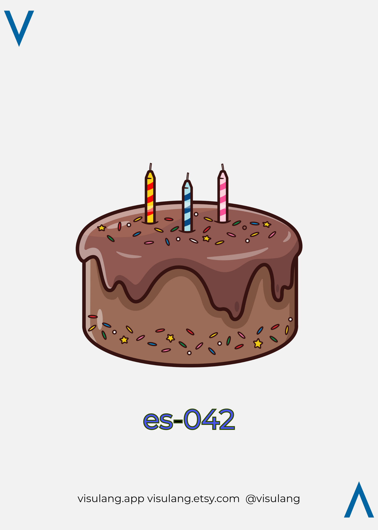 Illustration of a birthday cake with candles on a white background, featuring the text 'es-042' and 'visulang.app'.