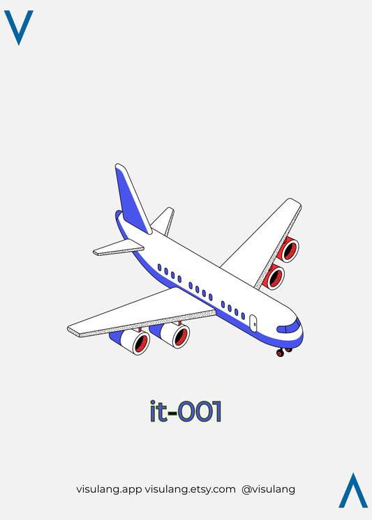 Illustration of an airplane with blue and red accents on a light gray background, featuring the brand 'visulang'.