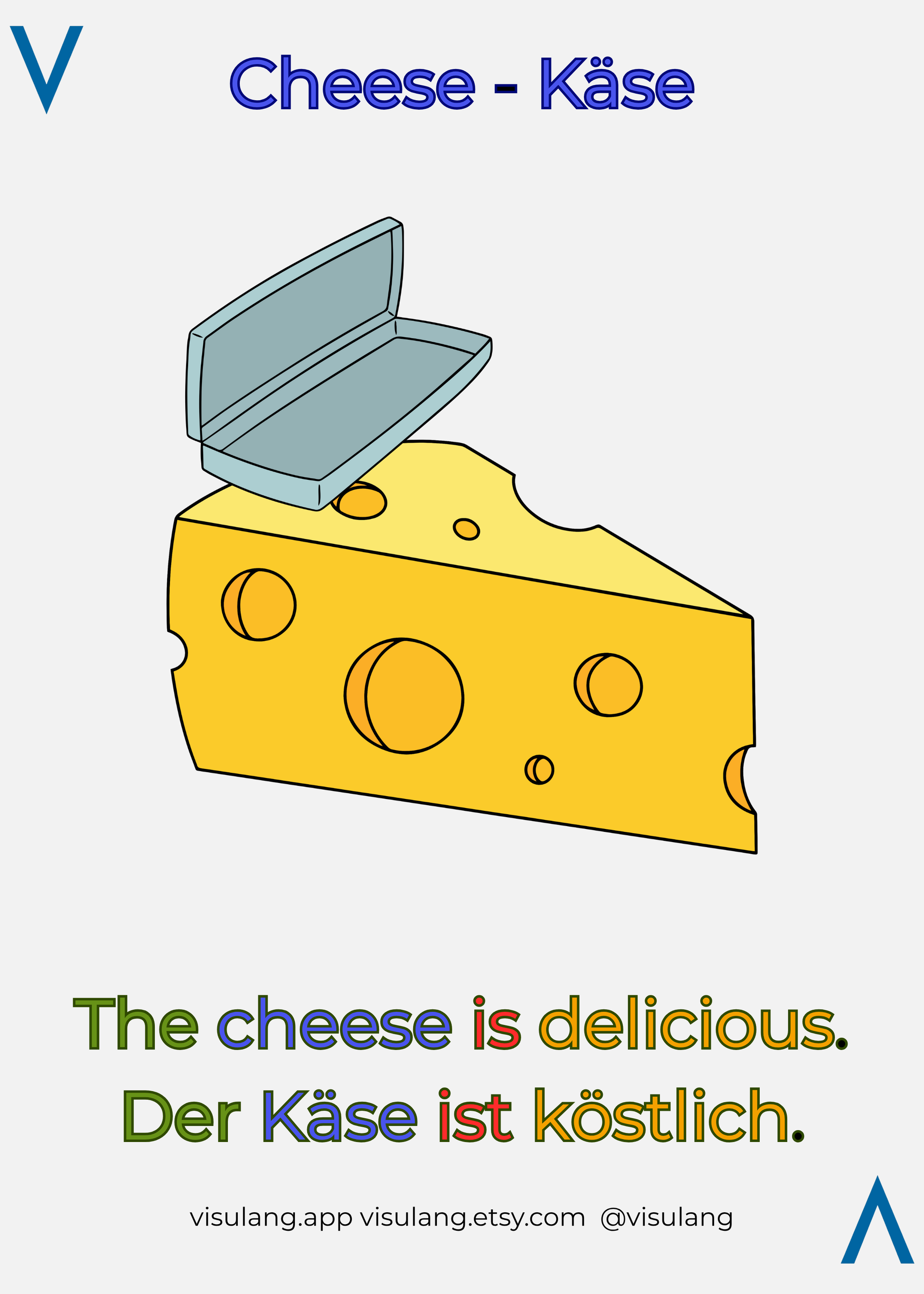 Cheese in German - Käse: The cheese is delicious - Der Käse ist köstlich.
