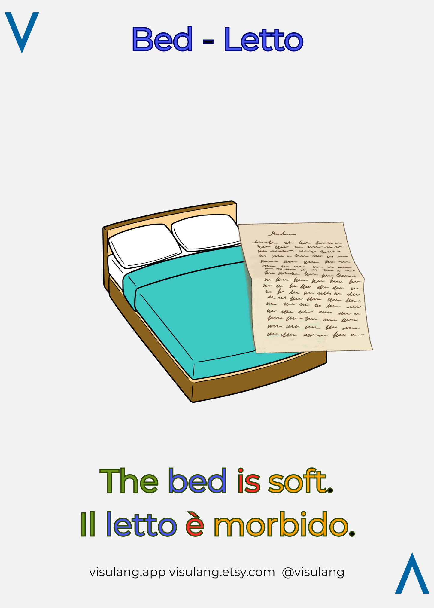 Bed in Italian - Letto. Visulang mnenomic flashcards.