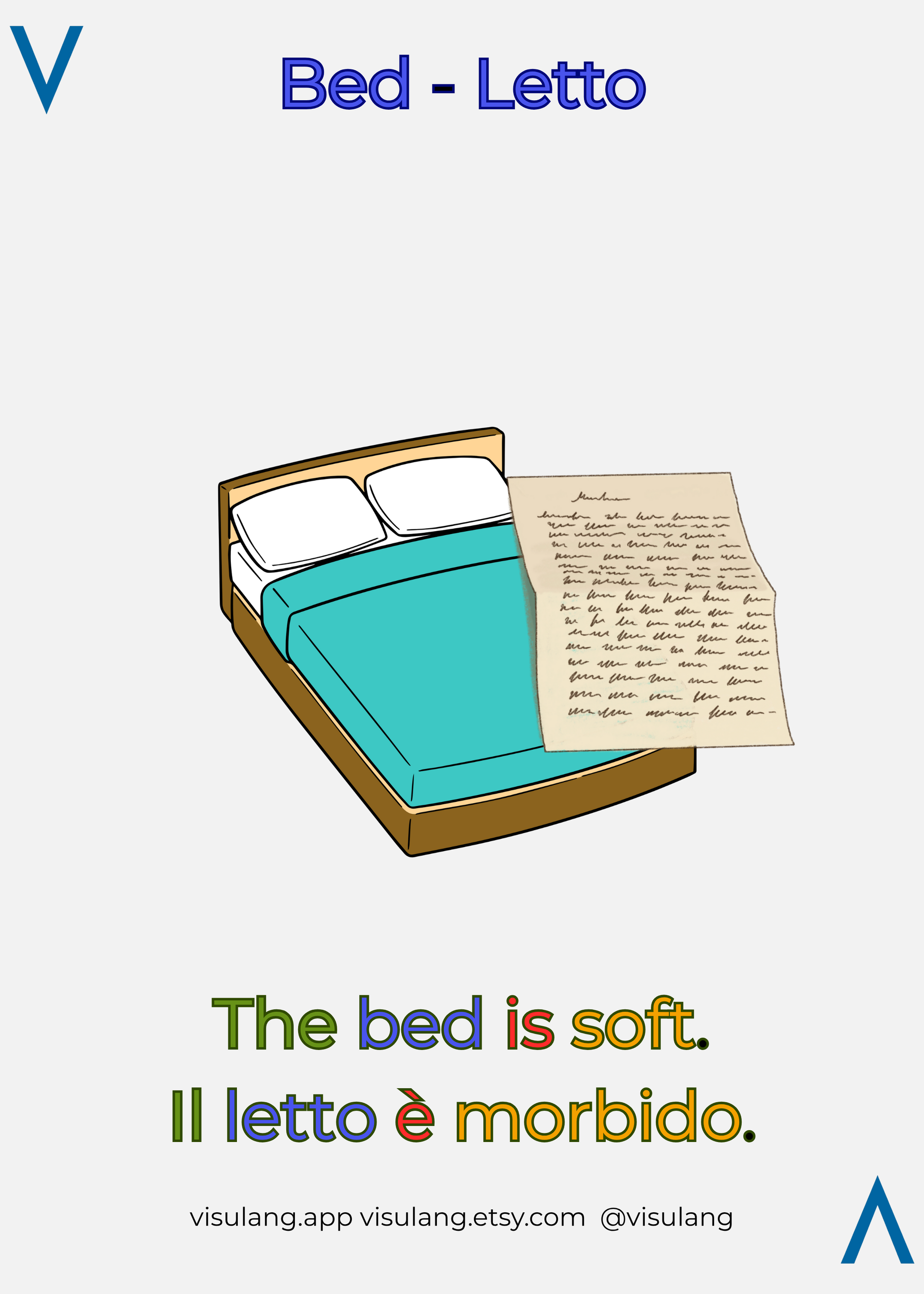 Bed in Italian - Letto. Visulang mnenomic flashcards.