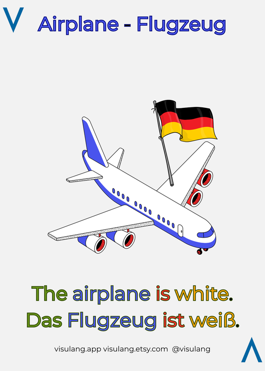 The airplane is white - Das Flugzeug ist weiß.