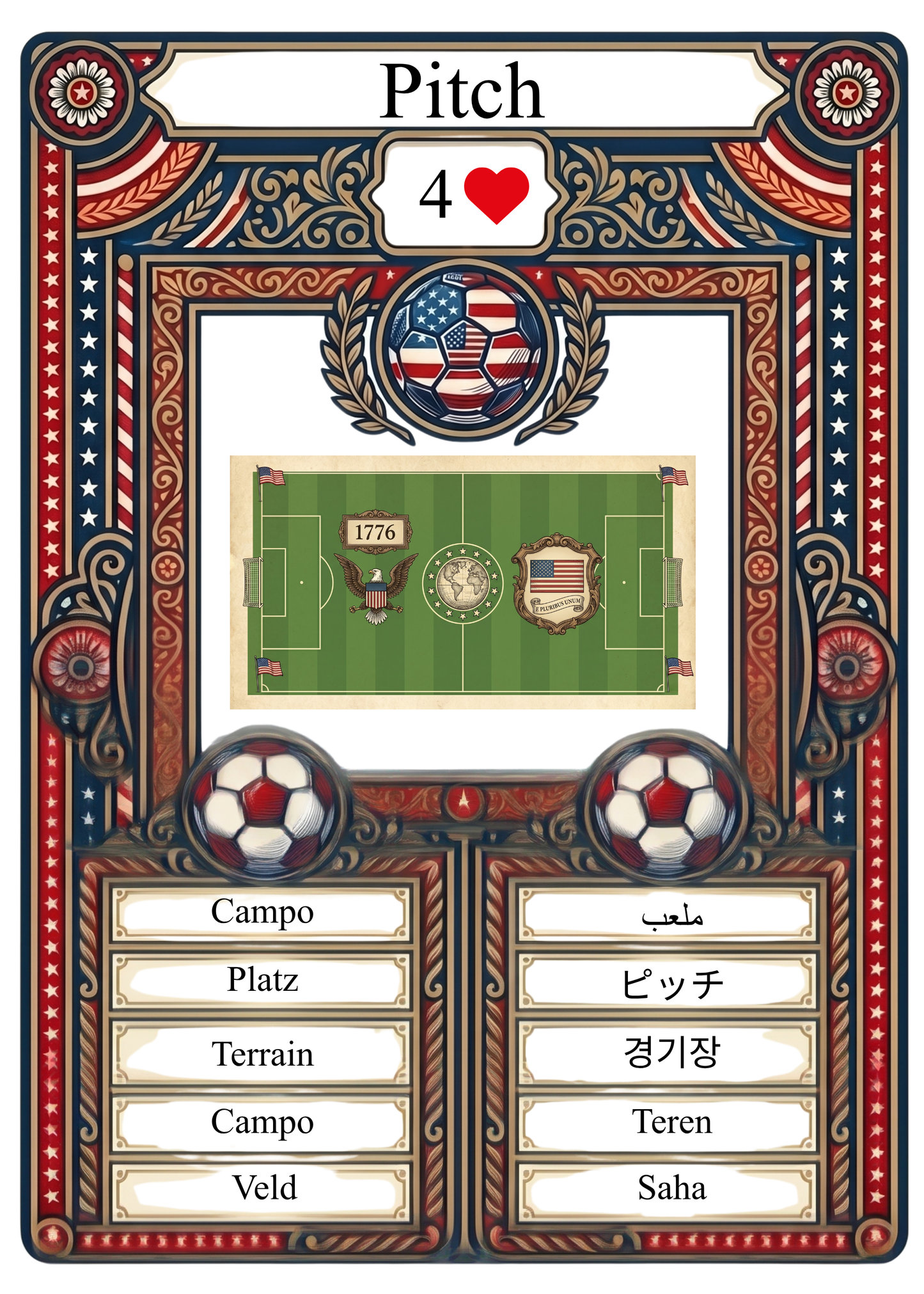 World Cup 2026 America 250 collectible card featuring a stylized soccer field illustration and premium patriotic border. This highly sought-after sports memorabilia item displays essential tournament terminology in global languages for sports card collectors.