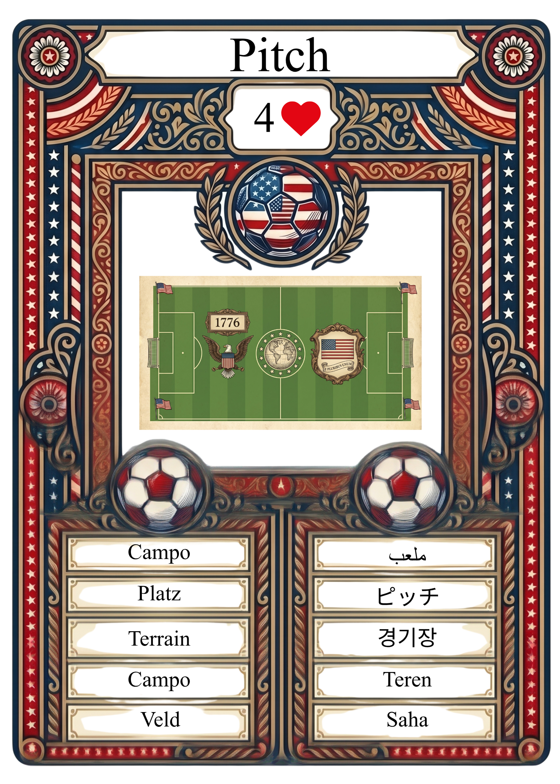 World Cup 2026 America 250 collectible card featuring a stylized soccer field illustration and premium patriotic border. This highly sought-after sports memorabilia item displays essential tournament terminology in global languages for sports card collectors.