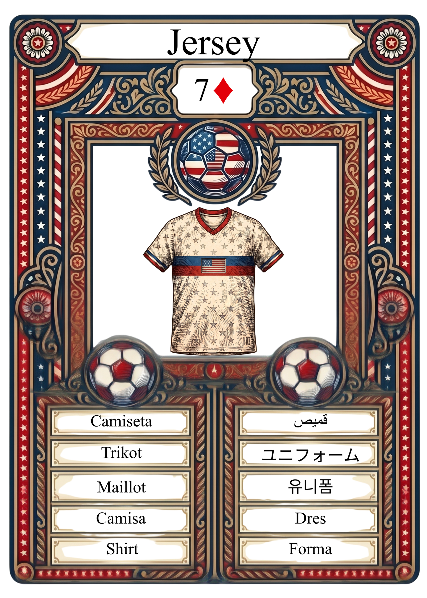 This rare World Cup 2026 America 250 trading card features a detailed soccer jersey design within a patriotic border. As a premium collectible, it lists the term Jersey in ten global languages: Camiseta, Trikot, Maillot, Camisa, Shirt, قميص, ユニフォーム, 유니폼, Dres, and Forma.