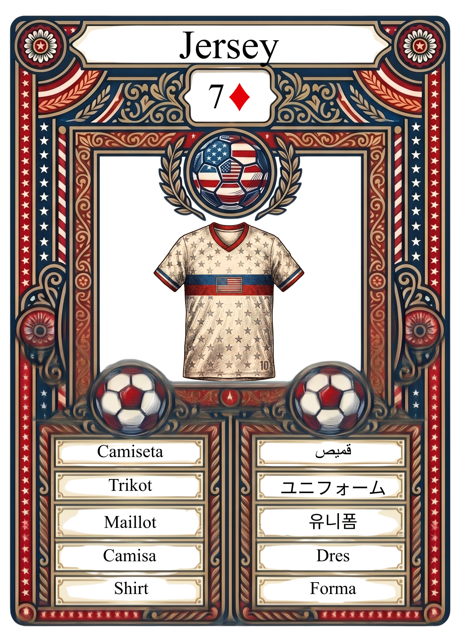 This rare World Cup 2026 America 250 trading card features a detailed soccer jersey design within a patriotic border. As a premium collectible, it lists the term Jersey in ten global languages: Camiseta, Trikot, Maillot, Camisa, Shirt, قميص, ユニフォーム, 유니폼, Dres, and Forma.