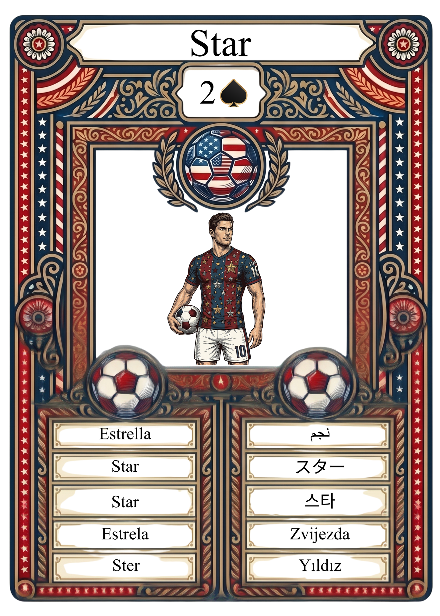 Featuring a premier soccer athlete in an ornate patriotic frame, this elite trading card serves as a sophisticated linguistic learning tool. Designed for dedicated sports memorabilia collectors and language students, it enhances global soccer vocabulary retention through a thematic, educational visual experience.