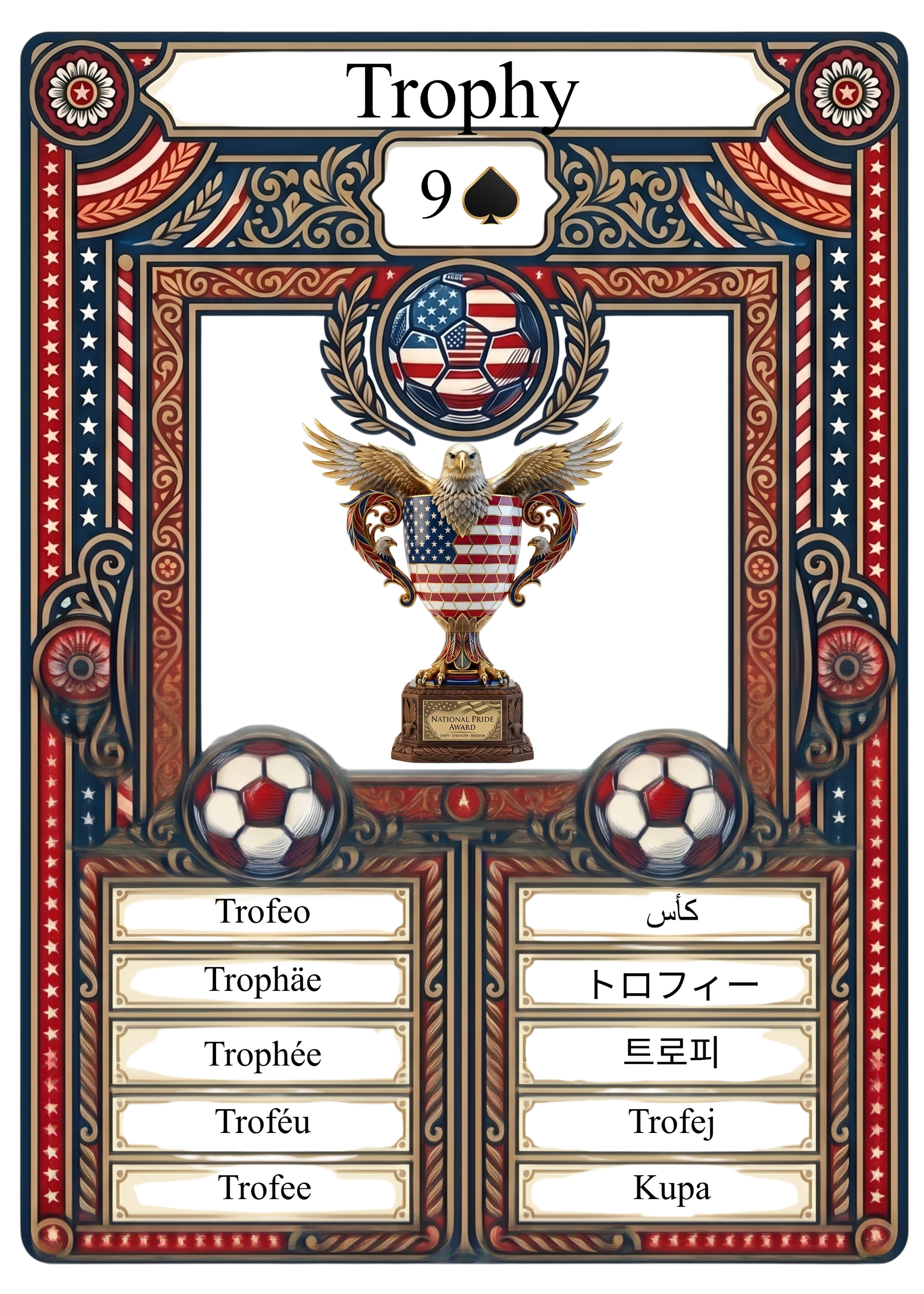 Featuring an eagle motif and an ornate patriotic border, the card provides the term Trophy in ten global languages: Trofeo, Trophäe, Trophée, Troféu, Trofee, كأس, トロフィー, 트로피, Trofej, and Kupa. A centerpiece for any serious sports memorabilia collection.