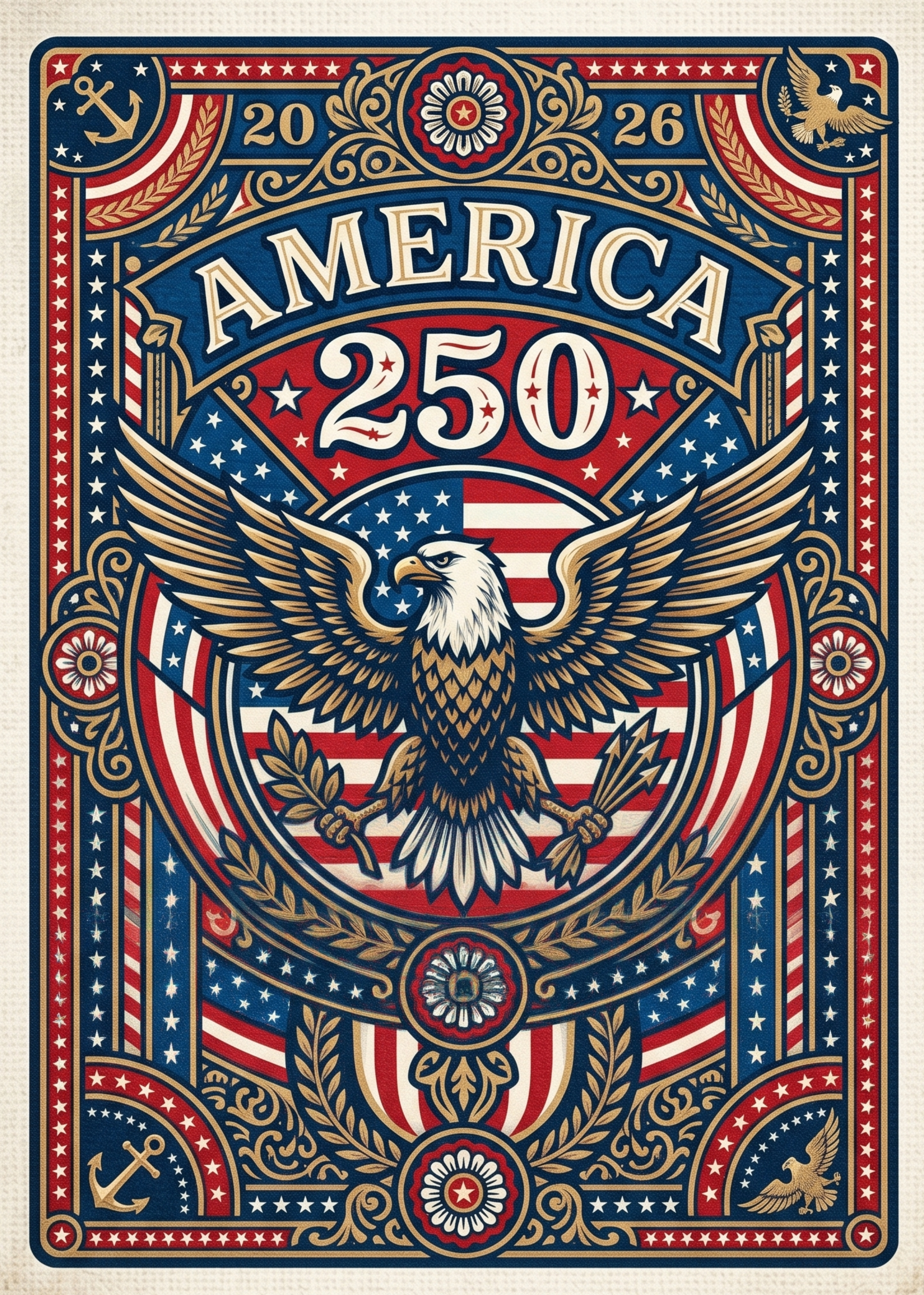 Decorative playing card design with an eagle, American flag, and text celebrating America's 250th anniversary.
