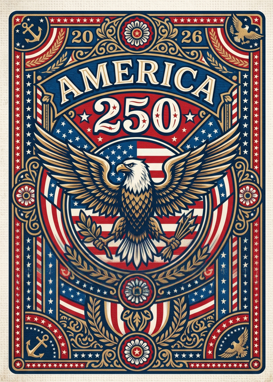 Decorative playing card design with an eagle, American flag, and text celebrating America's 250th anniversary.