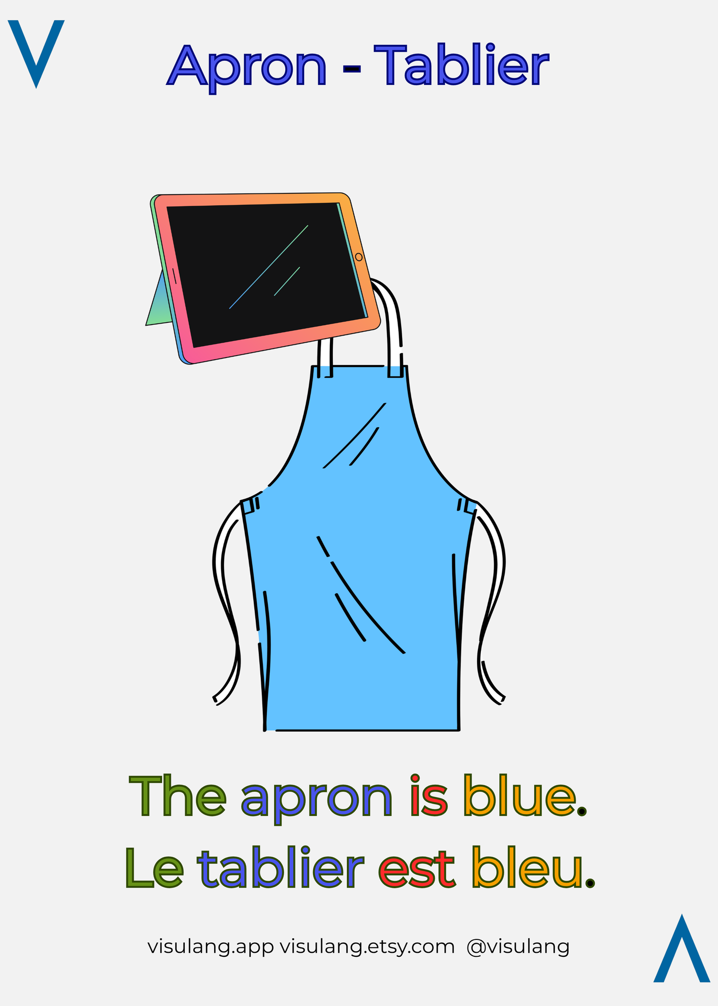 Blue apron with a tablet on a white background, featuring text in English and French.