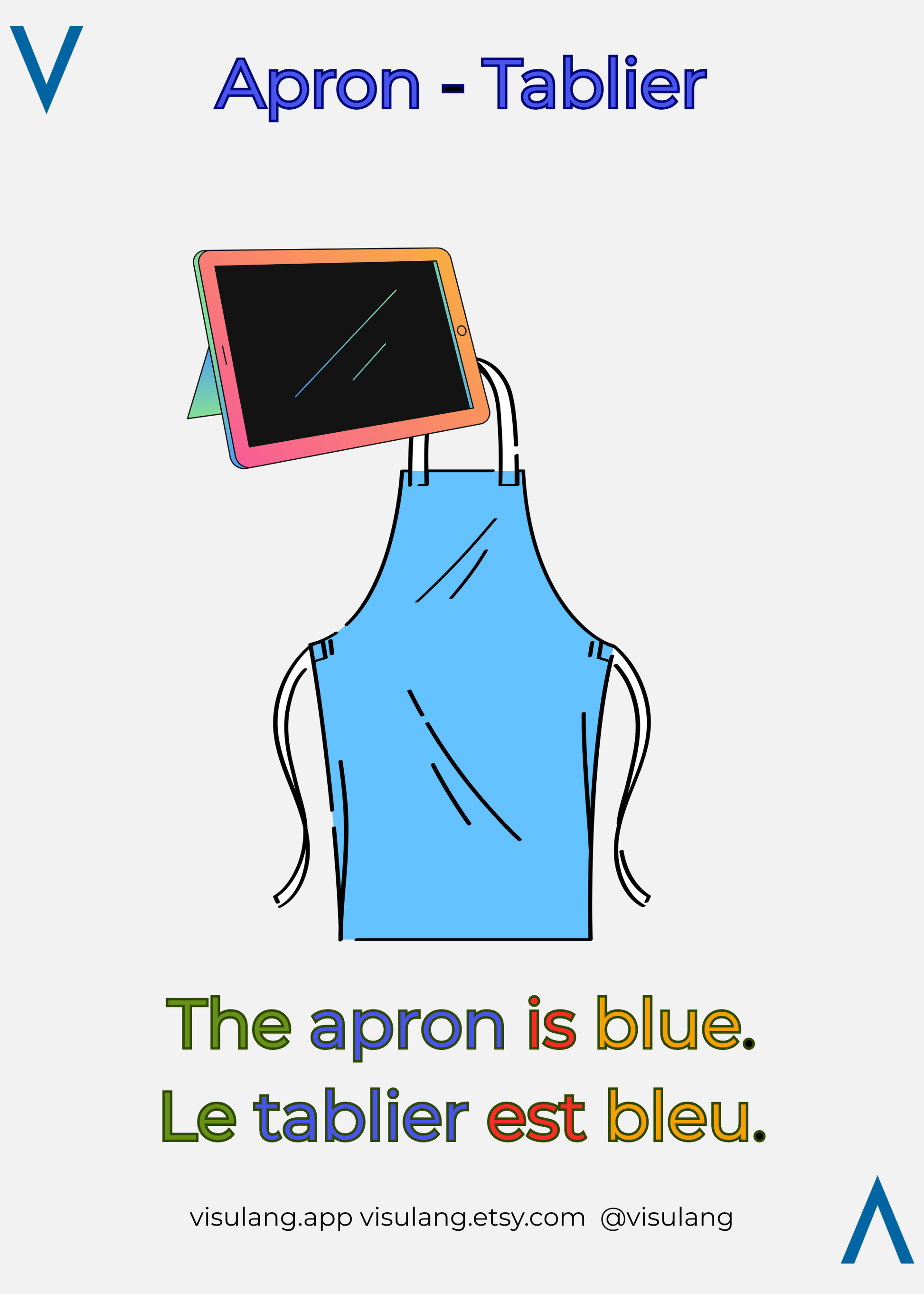 Blue apron with a tablet on a white background, featuring text in English and French.