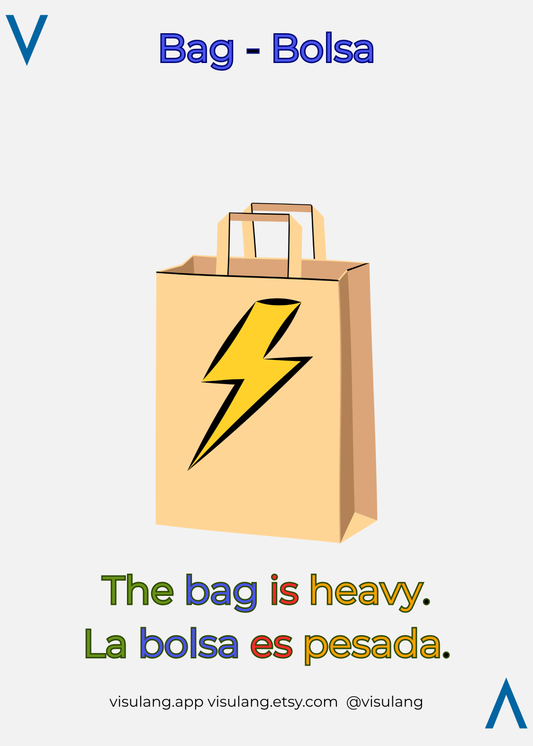 This Visulang card shows a brown paper bag with a yellow lightning bolt, visually representing the Spanish word "Bolsa" to help with memory retention.