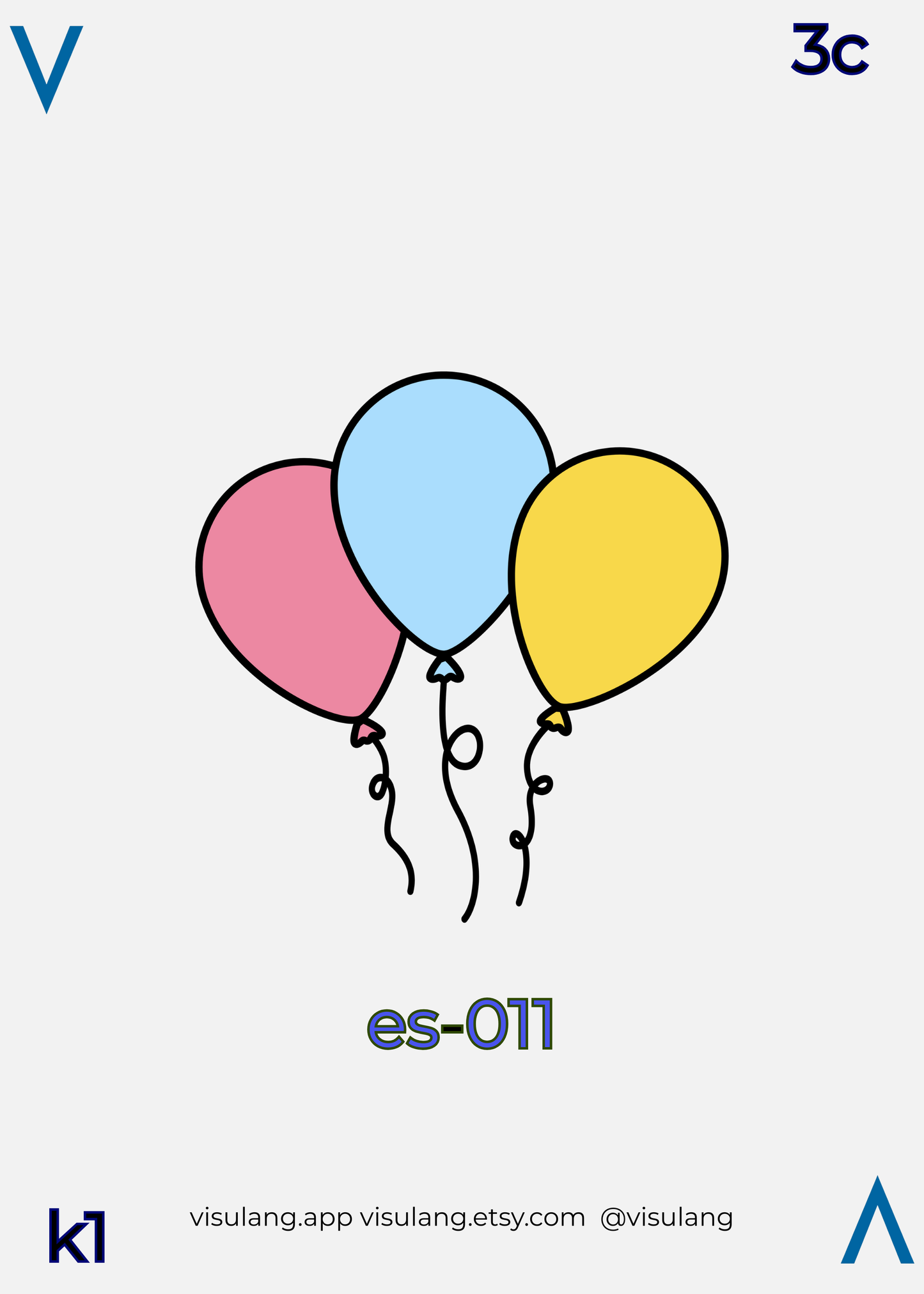 Visulang card es-011 features three colorful balloons. This numbered structure acts as a neural anchor, marking every fifth card to reinforce recall patterns for learners.