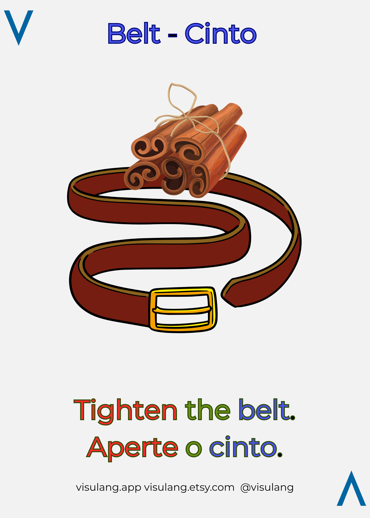 Belt with cinnamon sticks on a white background, featuring text in English and Portuguese.