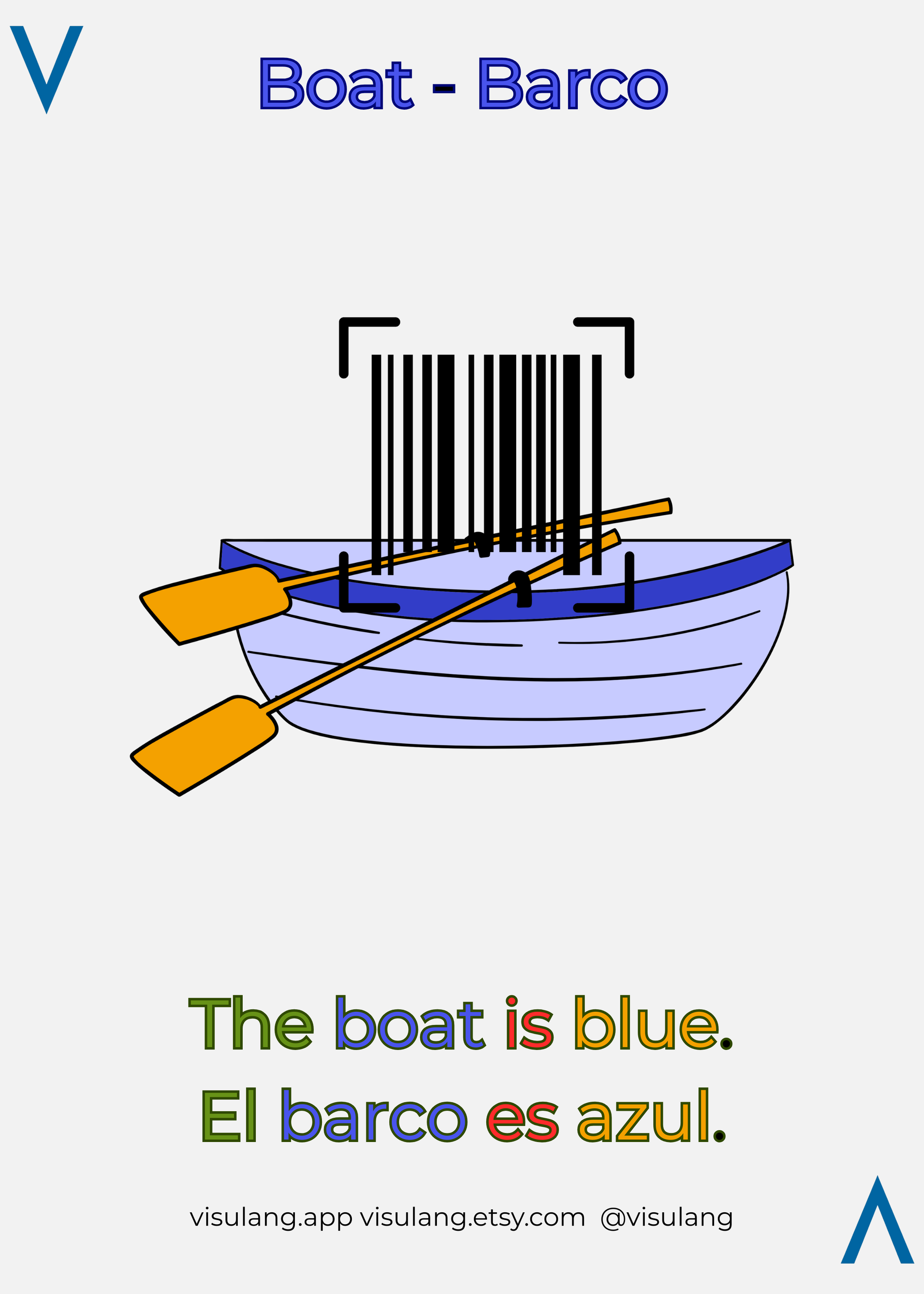Blue boat with oar and barcode on a white background, featuring text in English and Spanish.