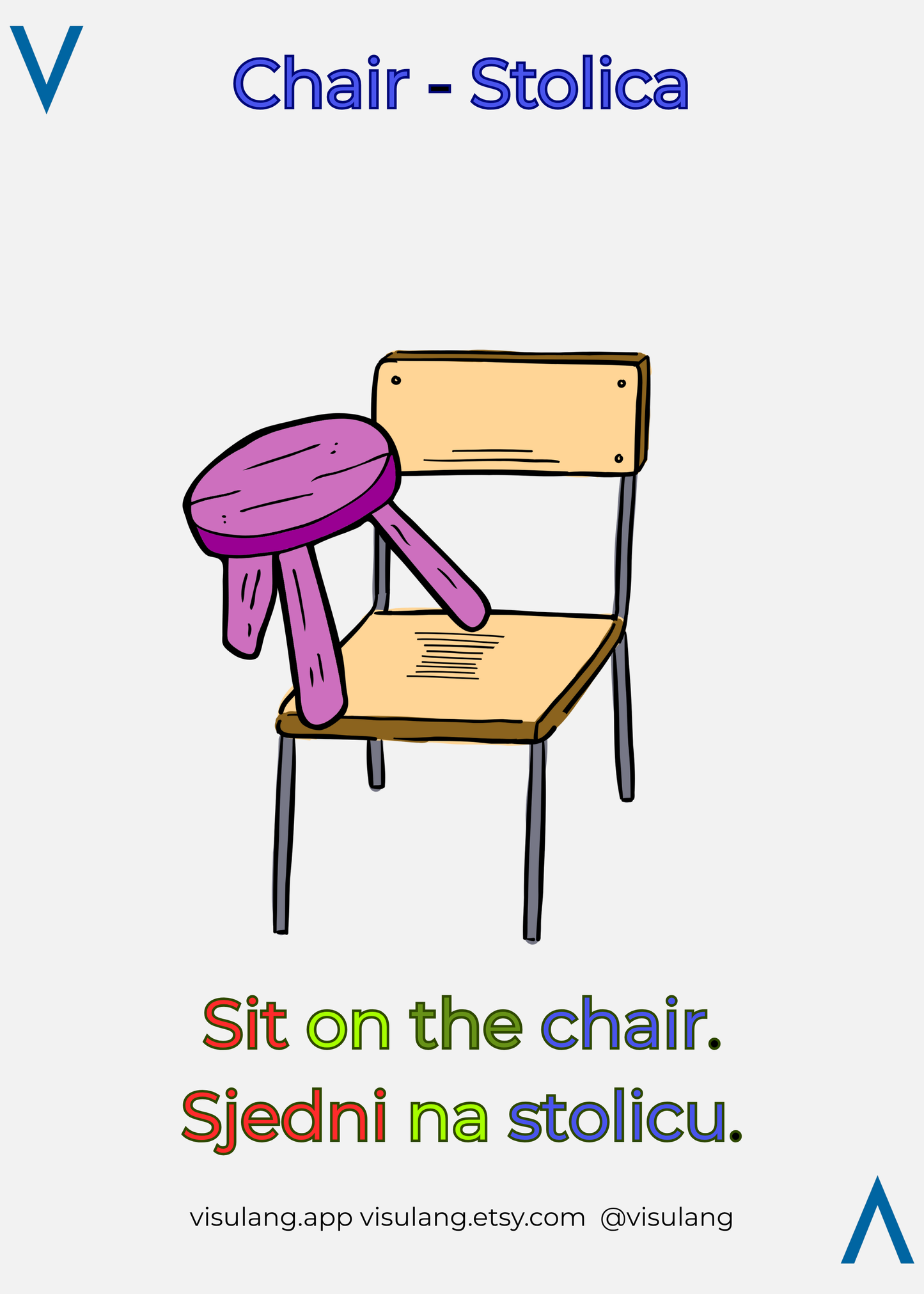 Cartoon chair with a purple seat on a white background, featuring text and branding.