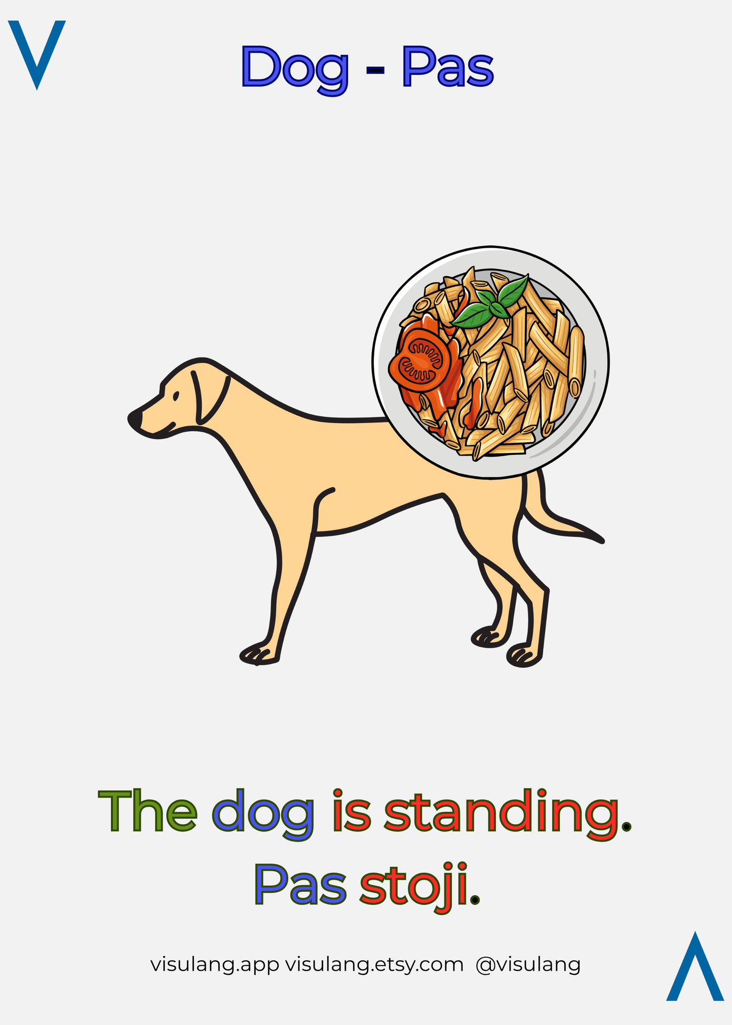 Illustration of a dog standing next to a plate of pasta with text in multiple languages.