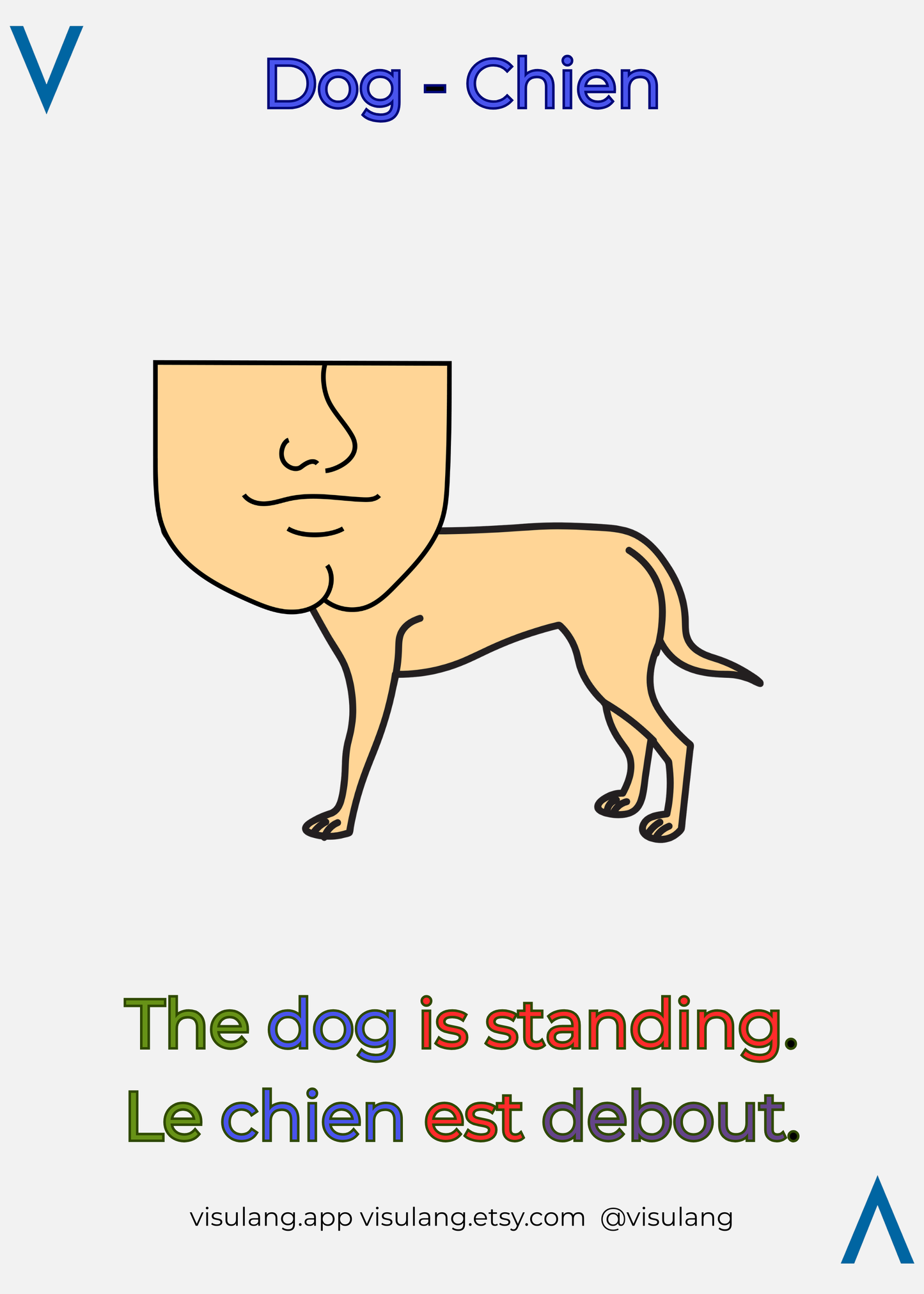 Dog - Chien card: Dog with a human chin mnemonic. This bizarre association triggers the "surprisingness" factor in memory.