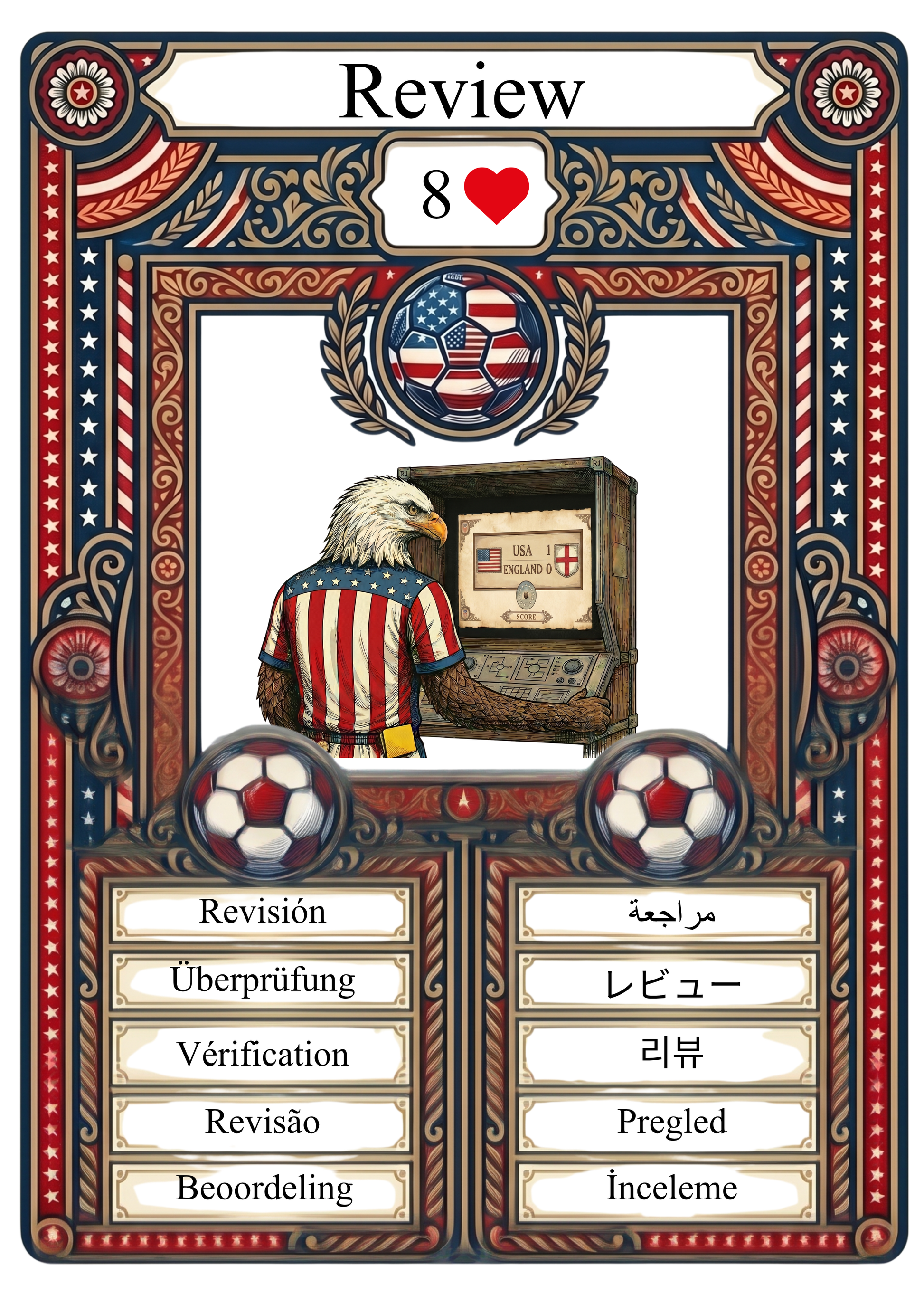 World Cup 2026 America 250 eagle card. Features tournament terminology in global languages. Patriotic design for soccer fans and card collectors.