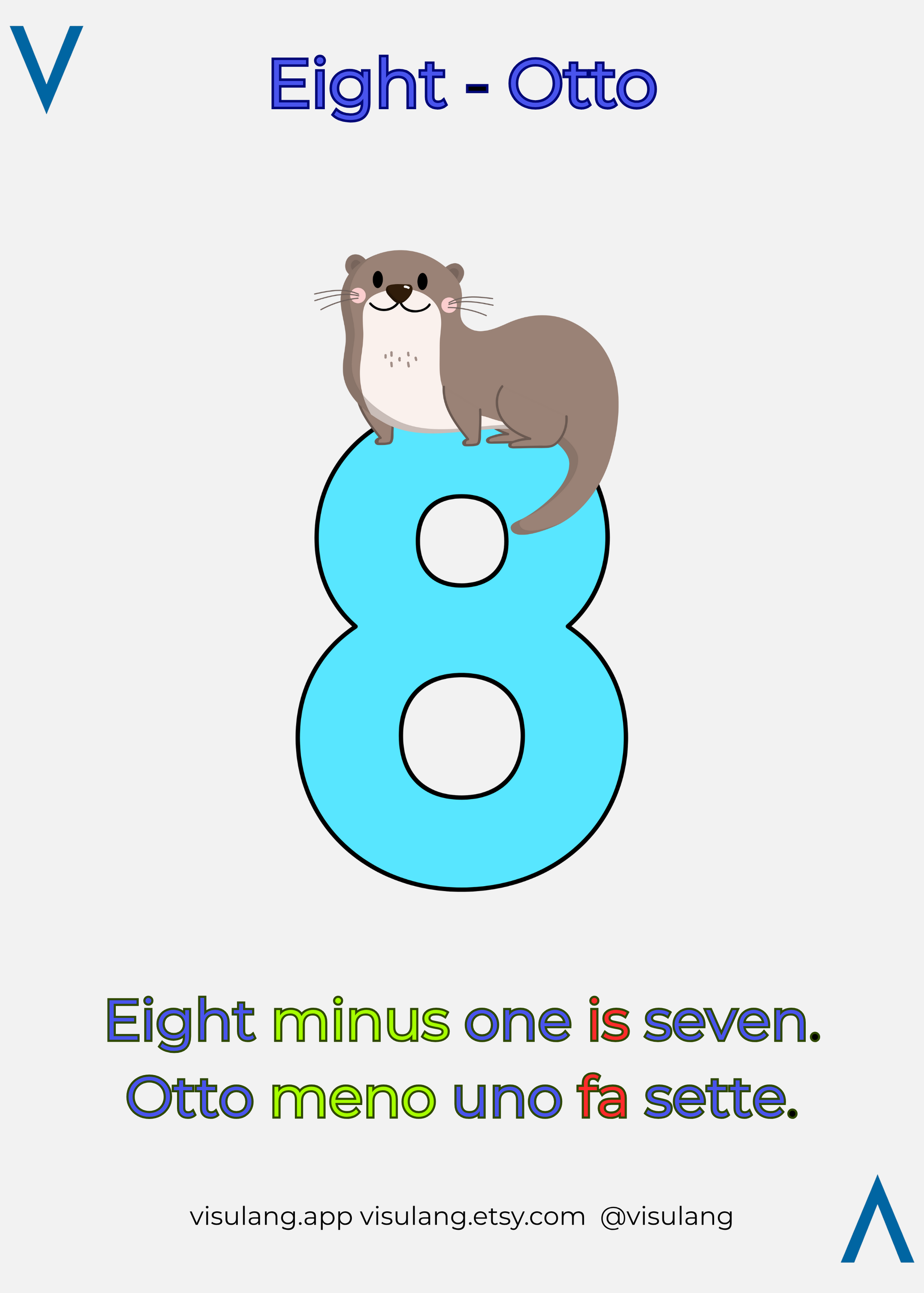 Number 8 with an otter on top, educational content about numbers in multiple languages.