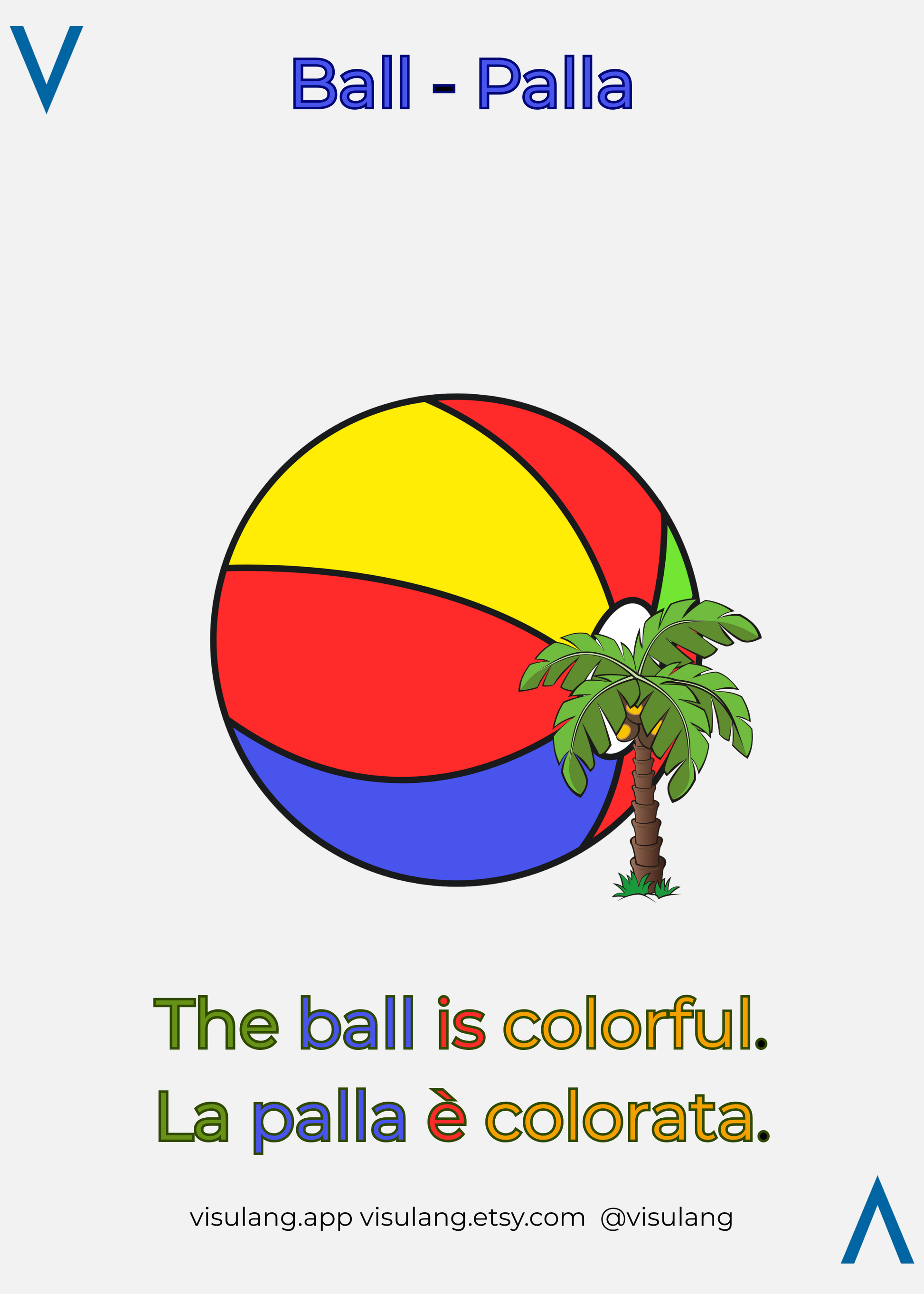 Colorful ball with a palm tree on a white background, featuring text in English and Italian.