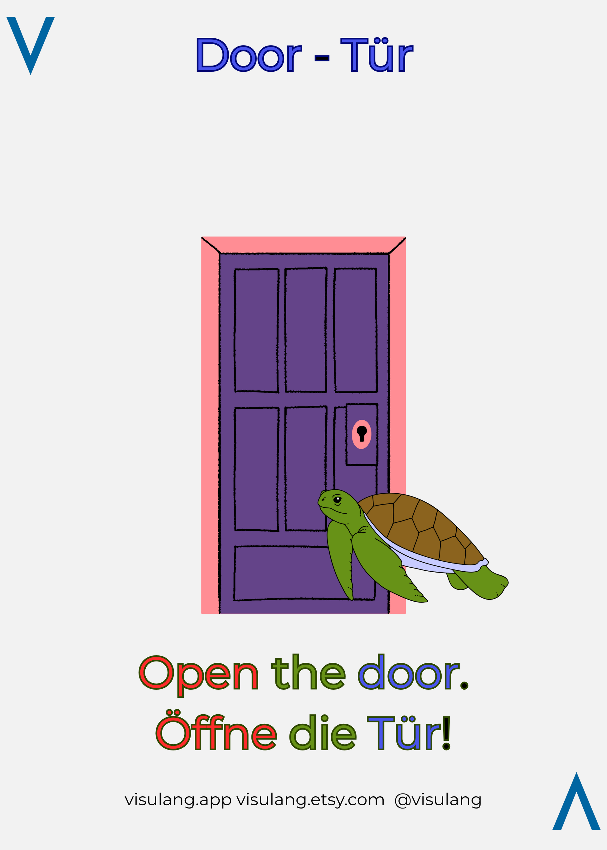 Illustration of a turtle opening a purple door with text in English and German.