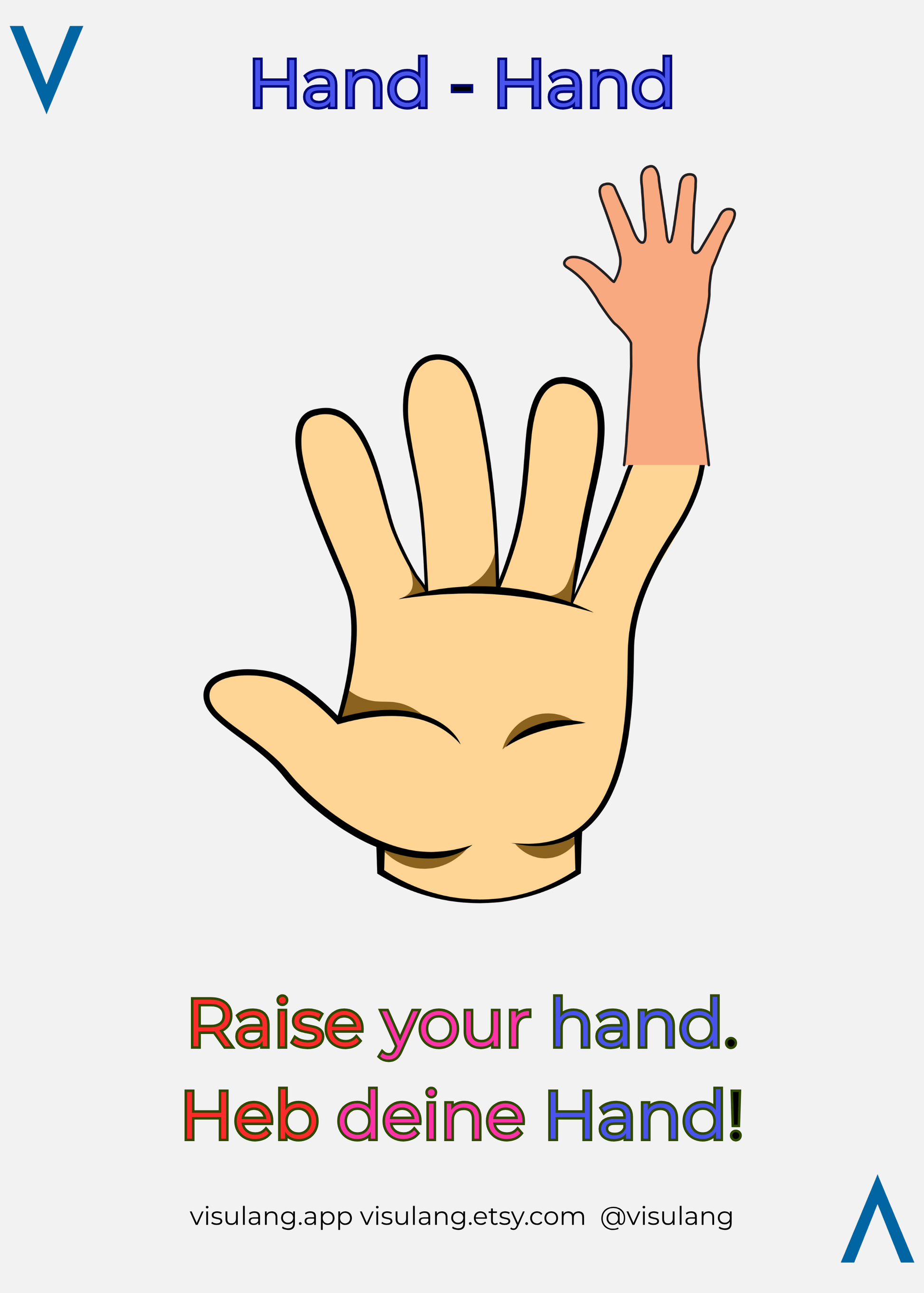 Cartoon illustration of a hand reaching up with text encouraging to 'Raise your hand' in multiple languages.