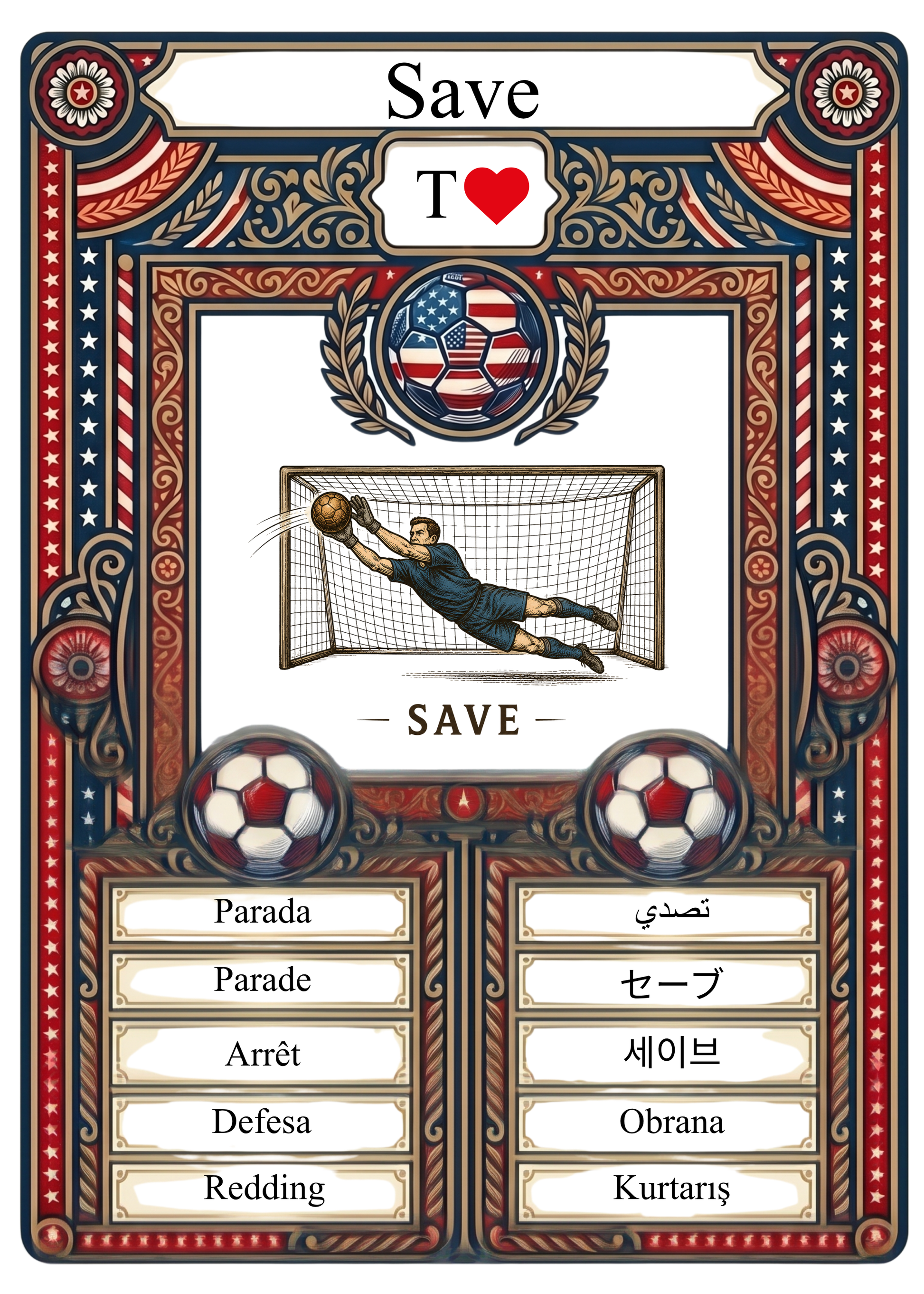 This elite World Cup 2026 America 250 trading card highlights a dramatic goalkeeper making a diving block. Designed for memorabilia collectors, the card features the term Save translated into: Parada, Parade, Arrêt, Defesa, Redding, تصدي, セーブ, 세이브, Obrana, and Kurtarış.