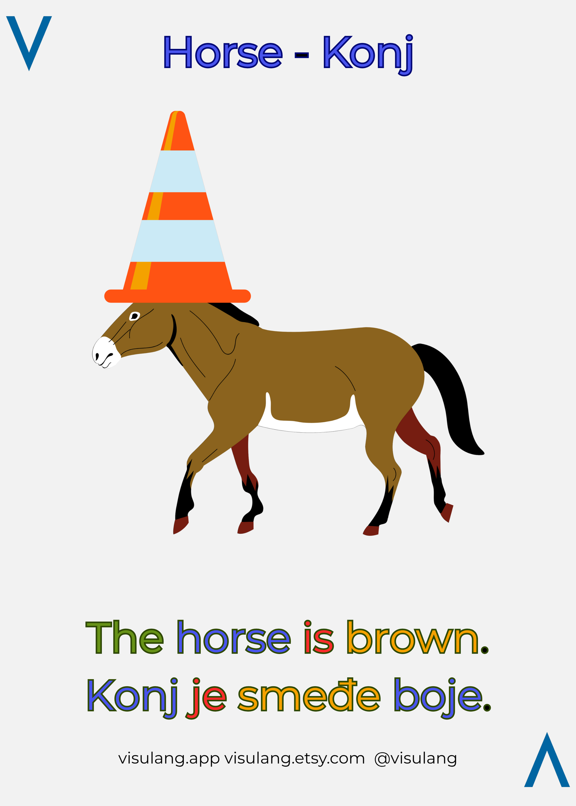 Illustration of a brown horse wearing an orange traffic cone with text in multiple languages.